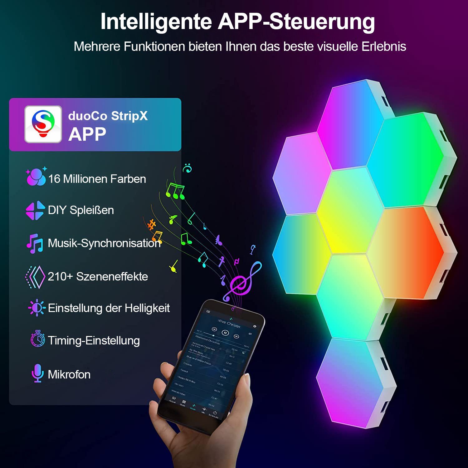 Rosnek LED Dekolicht RGB, Musiksyn, App/Fernbedienung, für Schlafzimmer Spielzimmer Deko, mit festen Schnallen, RGBCCT, Ambiente-Wandleuchten, LED Sechseckleuchten