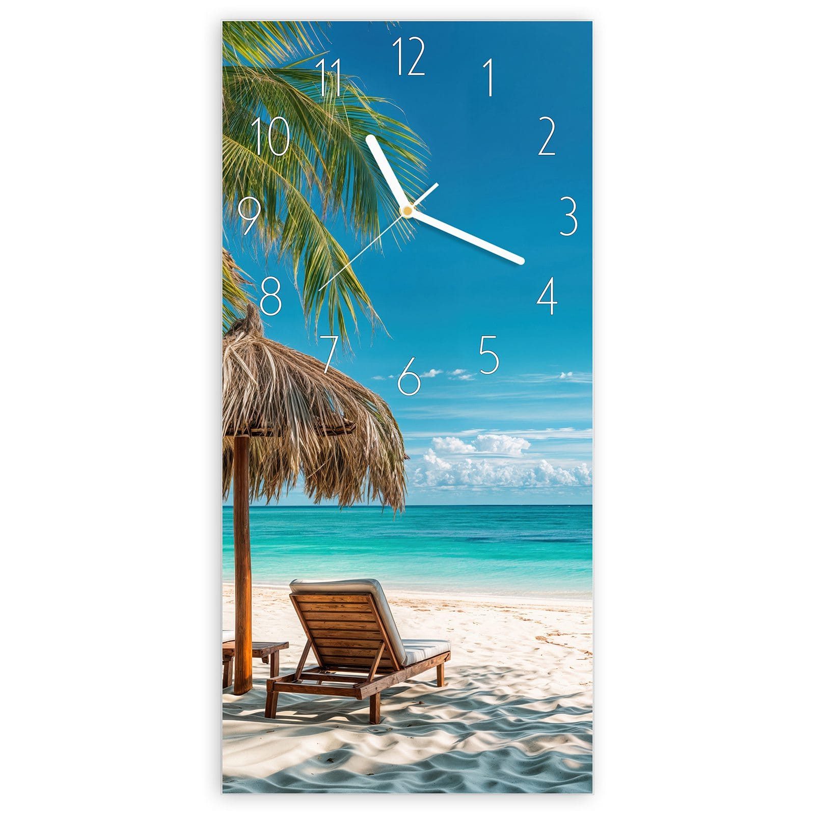 Wanduhr Glasuhr Wandkunst Größe 30 x 60 cm mit Motiv Strandparadies