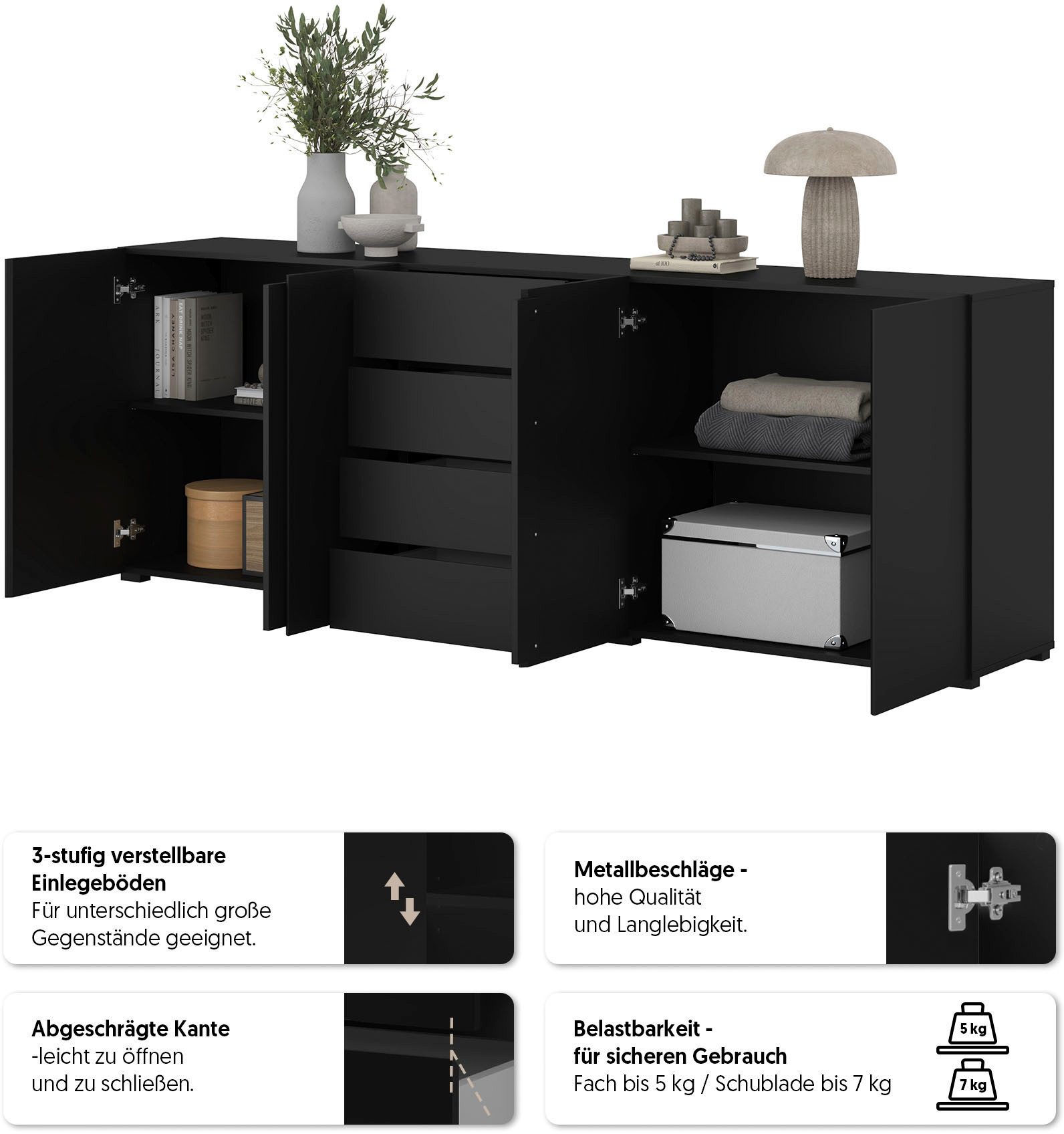 OTTO home Sideboard Metric,Breite 222 cm, grifflose Kommode 4 Türen/4 Schubkästen, Schubladenschrank mit viel Stauraum, Einlegeböden verstellbar