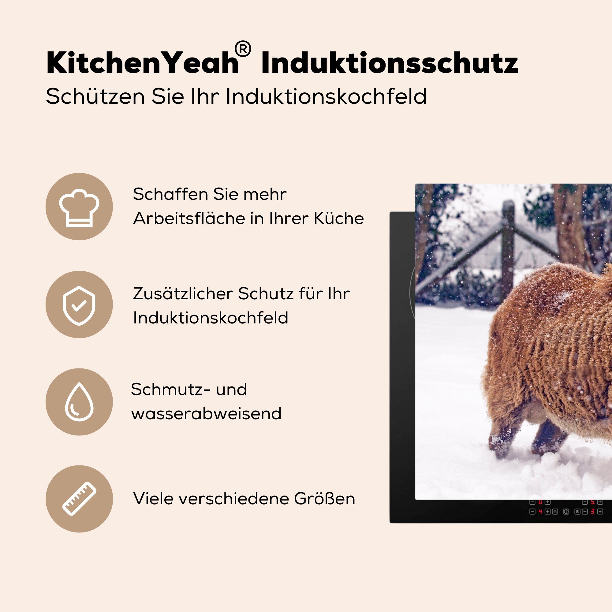 Braun tlg), - MuchoWow Herdblende-/Abdeckplatte Widder Schnee, Arbeitsplatte cm, Vinyl, 83x51 Ceranfeldabdeckung, (1 - für küche