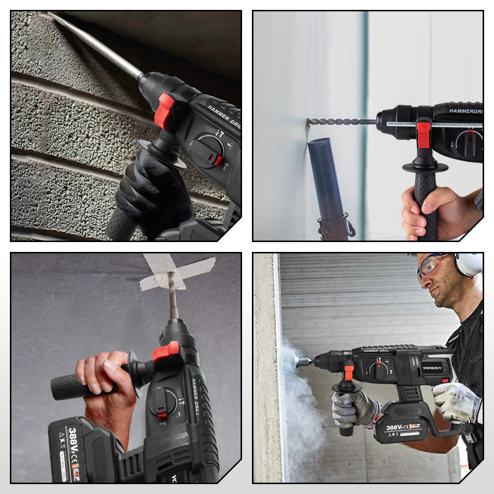 Yofidra Akku-Bohrhammer 4-in-1 Akku-Schlagbohrer SDS-plus mit bürstenlosem Motor, 2 Akku-Set mit Ladegerät – professionell & privat