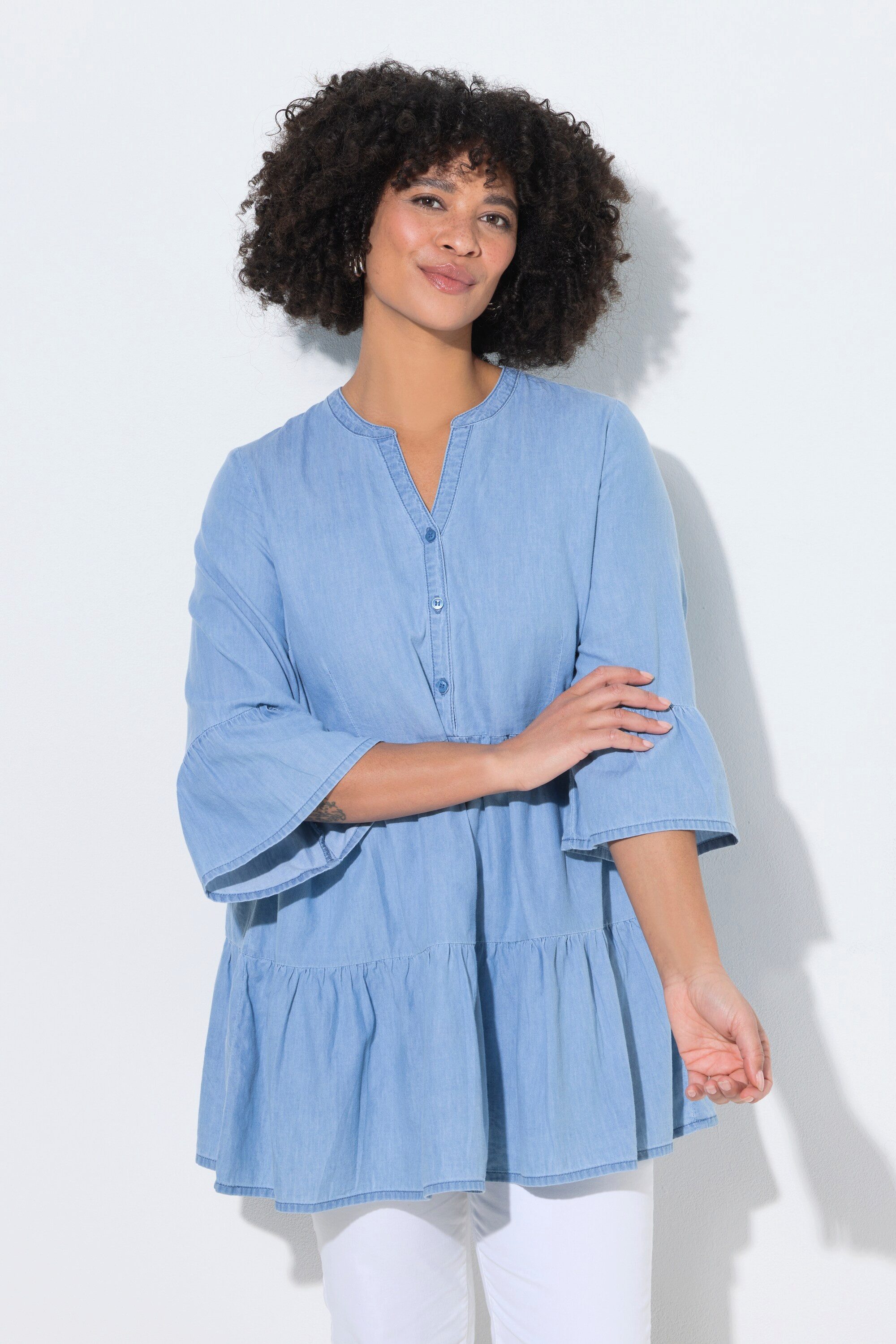 Angel of Style Longbluse Bluse A-Linie softe Jeansoptik Volants