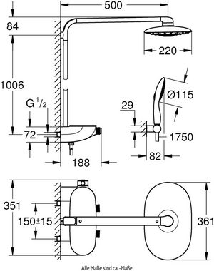 Grohe Duschsystem Rainshower System SmartControl, Höhe 109 cm, 2 Strahlart(en), Packung, mit langlebieger und scheinender Oberfläche