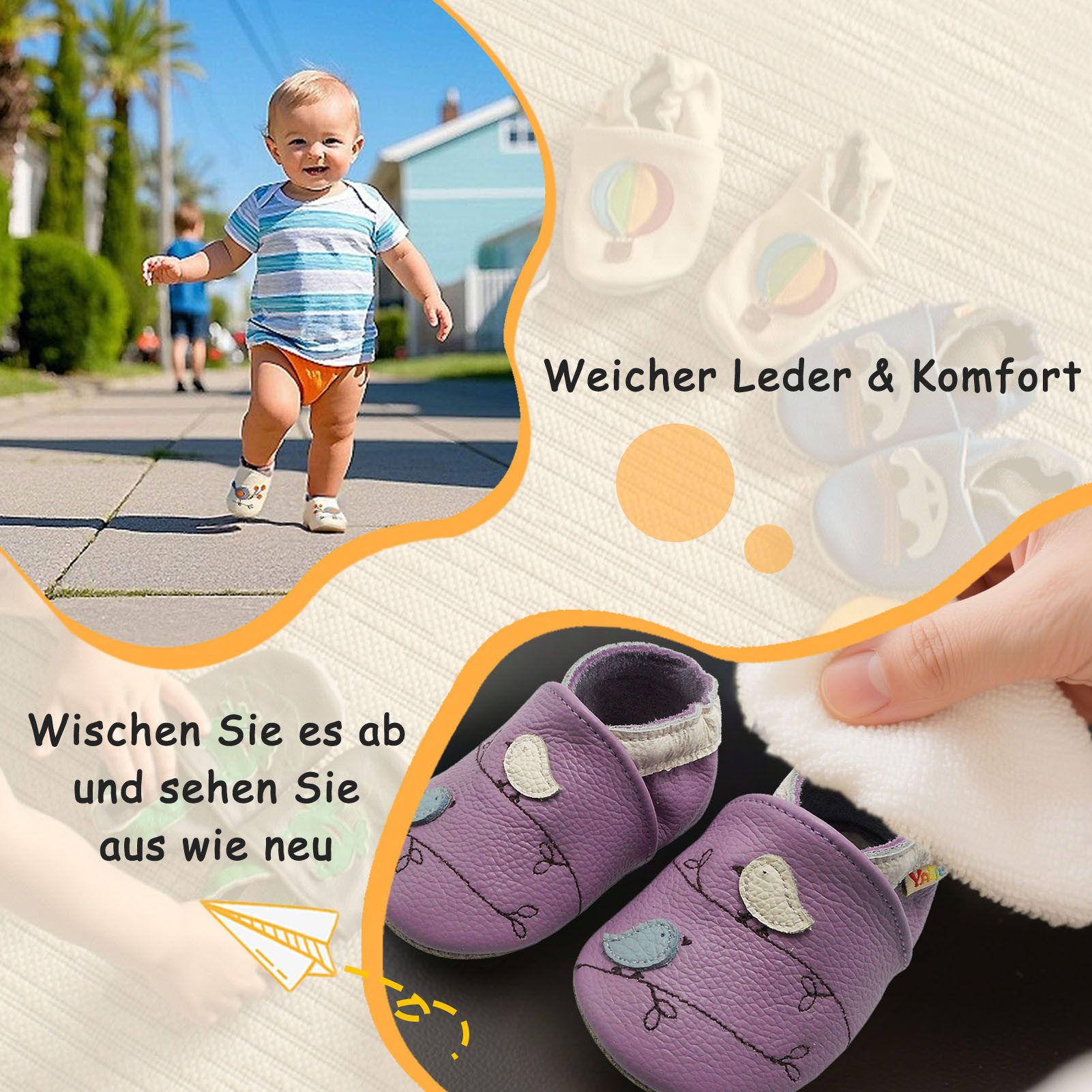 Yalion Leder Baby-Lauflernschuhe, weich, rutschfest, handgefertigt Krabbelschuh Baby Schuh aus echtem Leder,Barfußgefühl & rutschfester Sohle