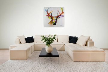 KUNSTLOFT Gemälde Zum bunten Hirschen 80x80 cm, Leinwandbild 100% HANDGEMALT Wandbild Wohnzimmer