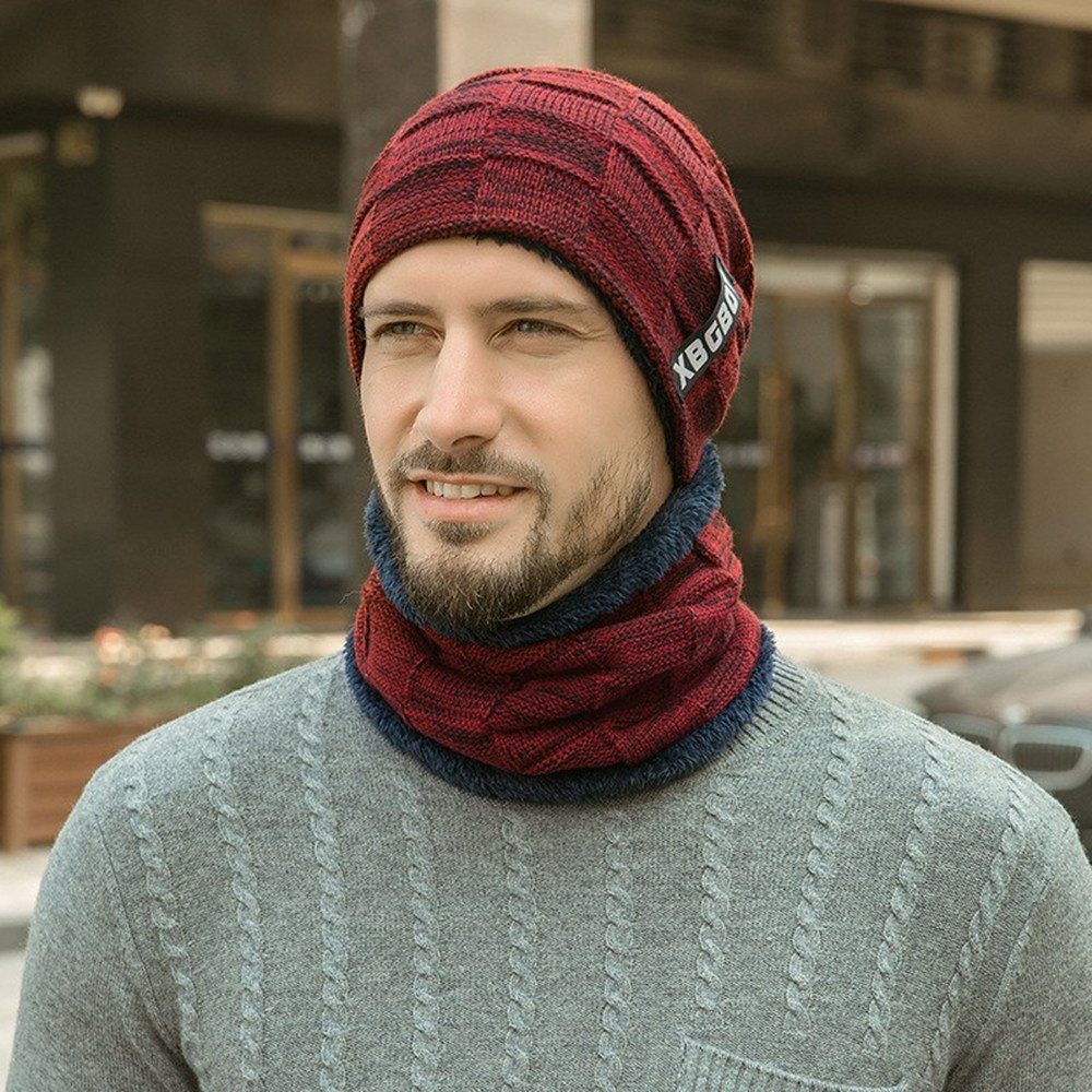 Beanie mit XDeer Strickmütze,Wärme Fleecefutter,Einheitsgröße Schal & Mütze Herren Mütze,für Damen Set,Schlauchschal Wintermütze-Schal rot und