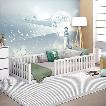CADANI Kinderbett Teso Bodenbett weiß 90x200 cm (flexibler Rausfallschutz), Bodenbett, einfache Montage, integrierter Lattenrost, Montessori