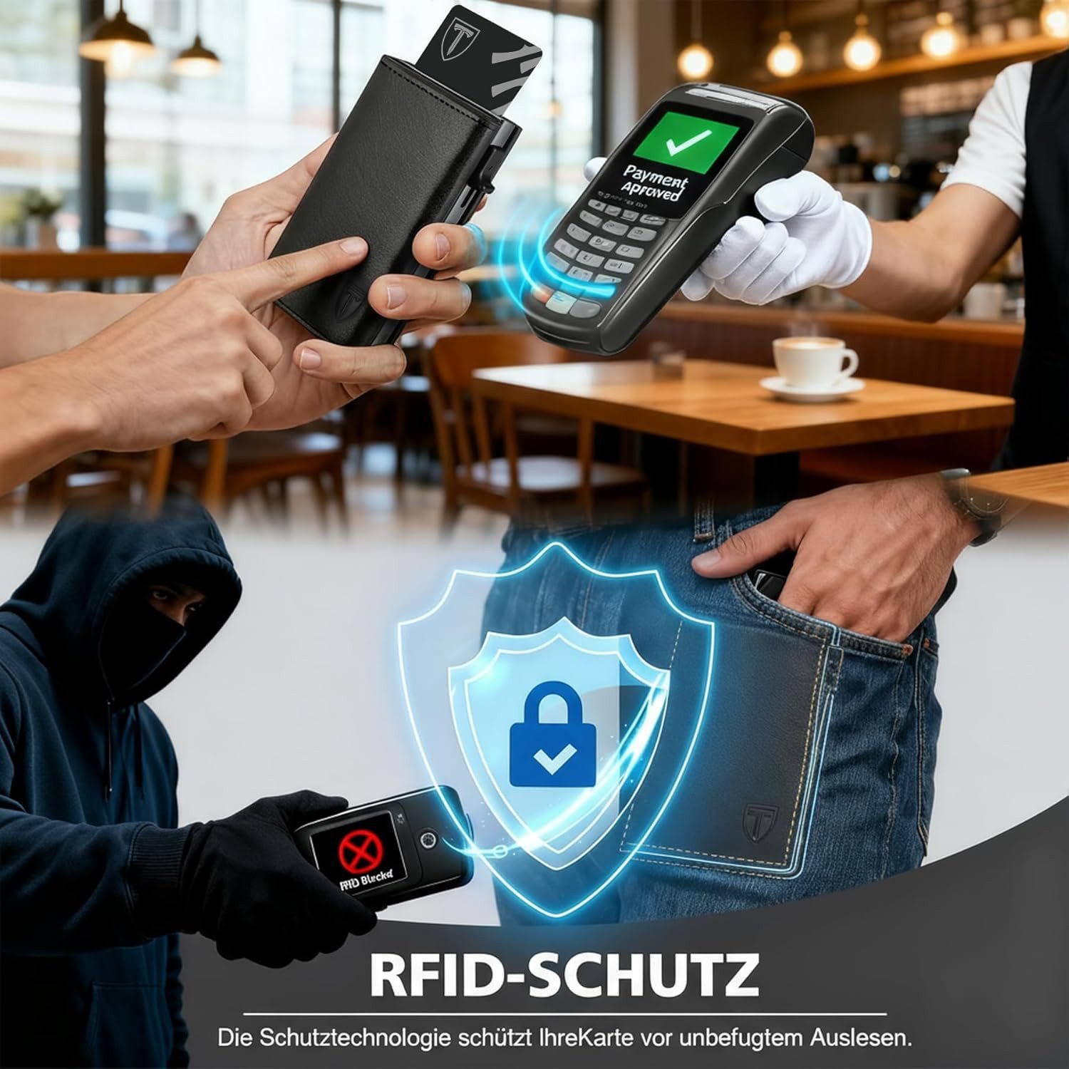TEEHON Geldbörse Geldbörse Herren mit Münzfach & RFID Schutz (Slim Wallet Premium Portmonee, 10 Kartenfächer + Geldtasche, 1-tlg), Kartenetui Herren - Grau-Schw – Bild 3 von 5