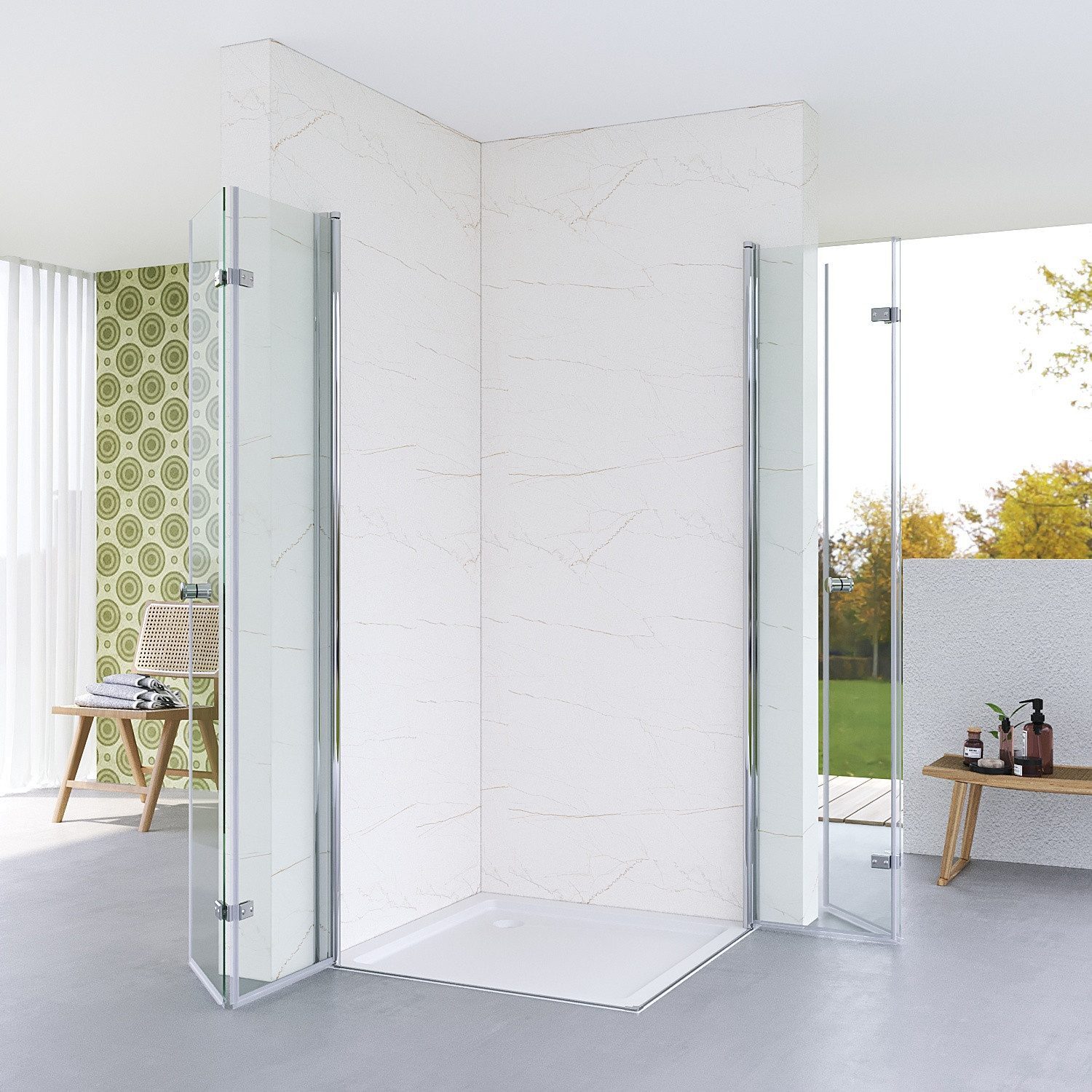 AQUALAVOS Eckdusche Eckeinstieg Duschkabine Falttür Falttürkabine 180º doppelt Falttüren, BxT: 70x70 cm, 5 mm Einscheiben-Sicherheitsglas (ESG), Tür öffnet nach innen oder außen, ebenerdiger Einbau möglich