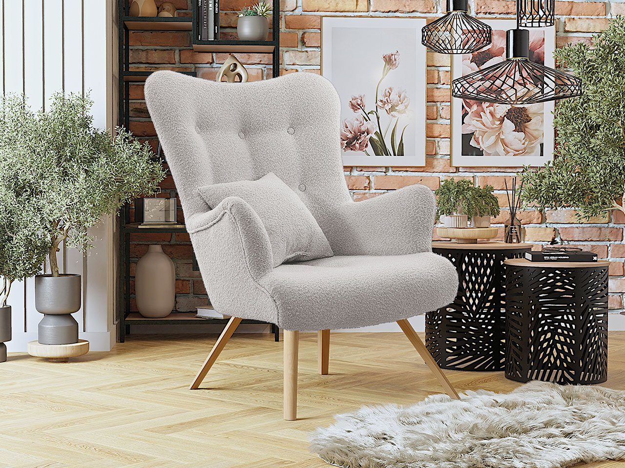 MIRJAN24 Sessel Skand Boucle (mit Wellenfeder), mit Kissen, Freistehender, skandinavischen Stil