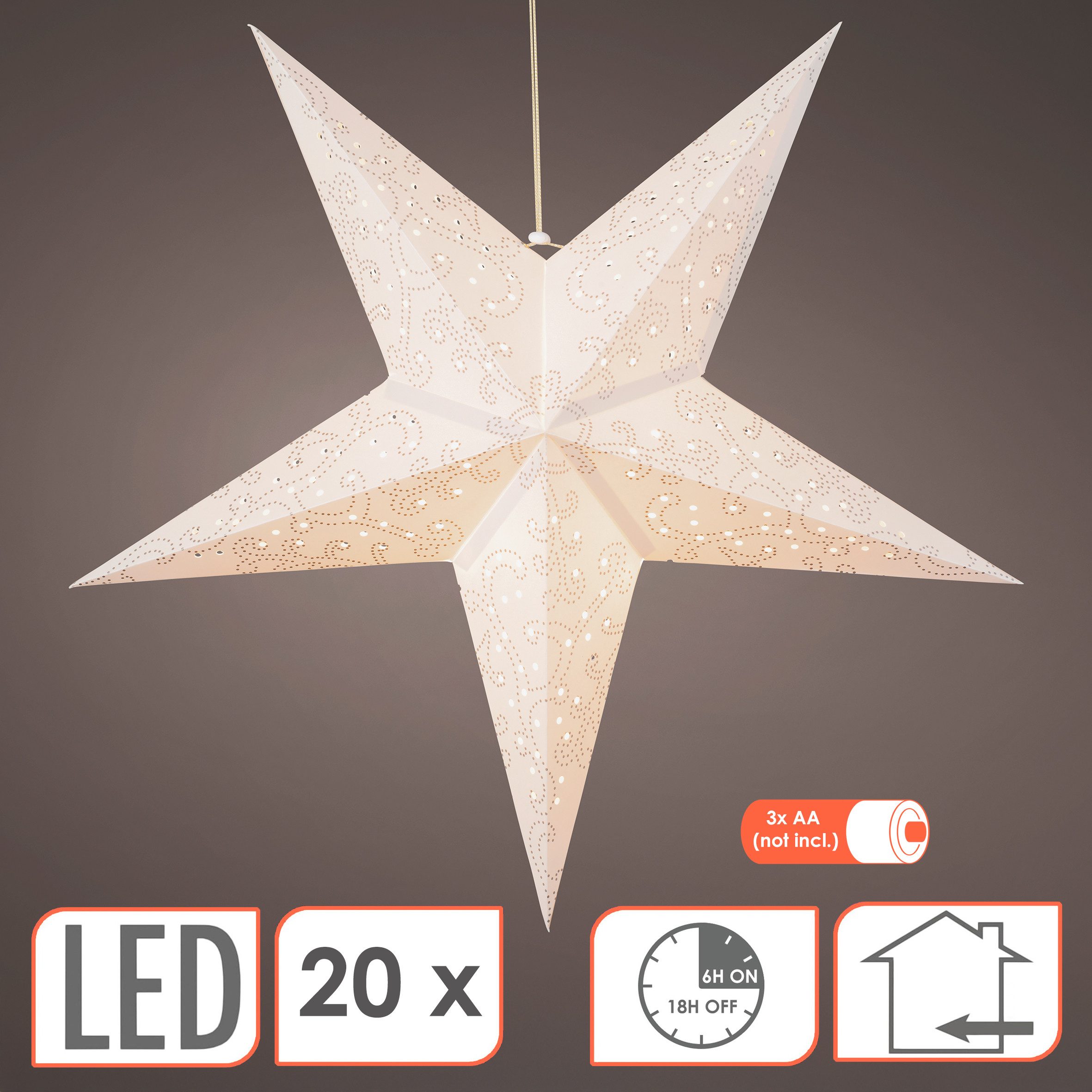 Spetebo LED Stern aus Pappe Ø 60 cm in weiß, mit Timer, LED fest integriert, Batterie betrieben