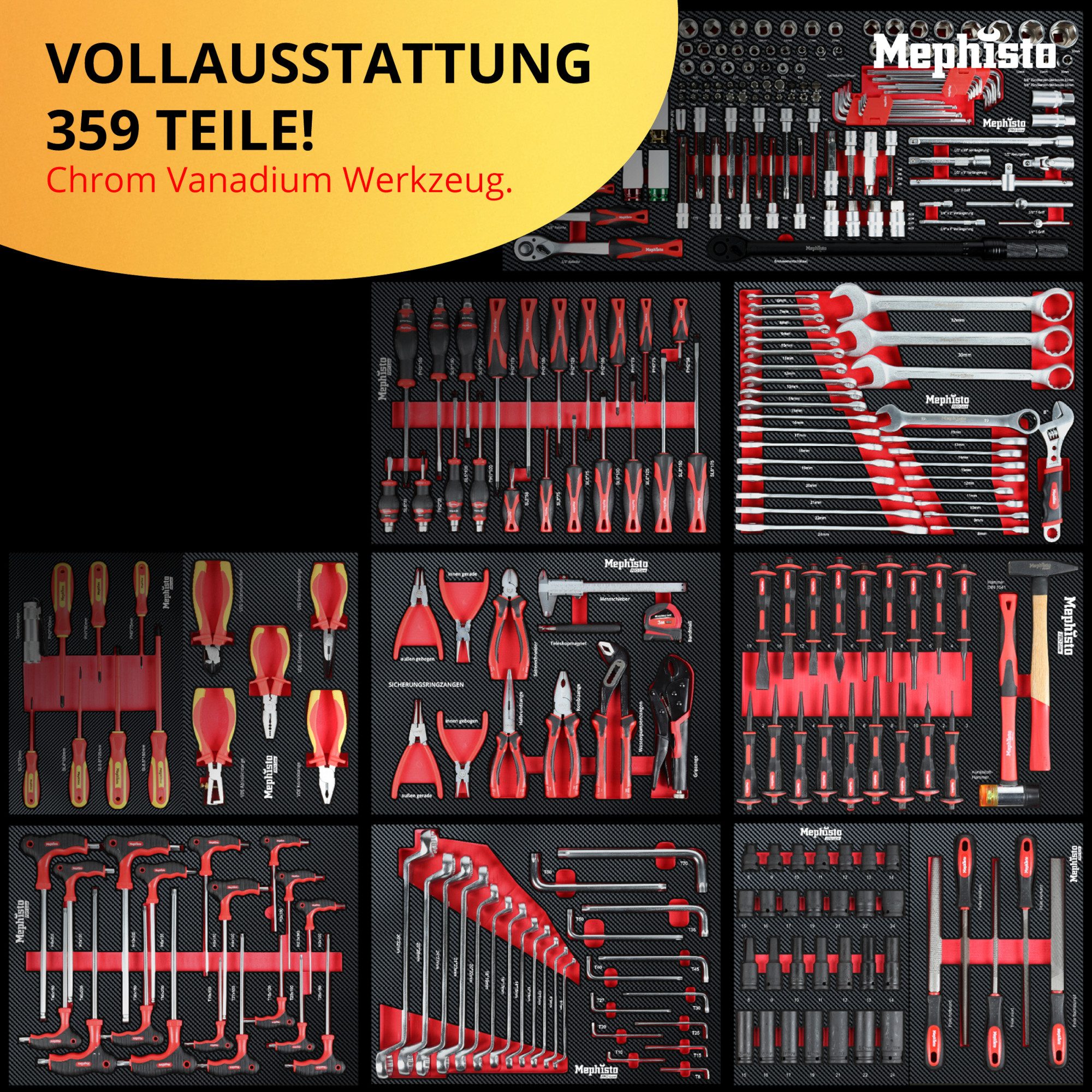 Mephisto-Tools Werkzeugwagen, (umfangreich bestückt), 12 abschließbare Schubladen, Werkzeug ist aus hochwertigem CRV