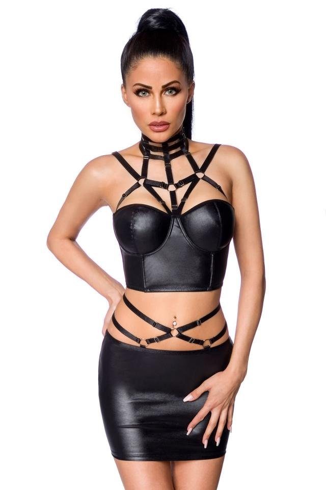 Saresia Set: Bügel-BH Wetlook-Reizwäsche Minirock Bustier mit (Set) Kunstleder