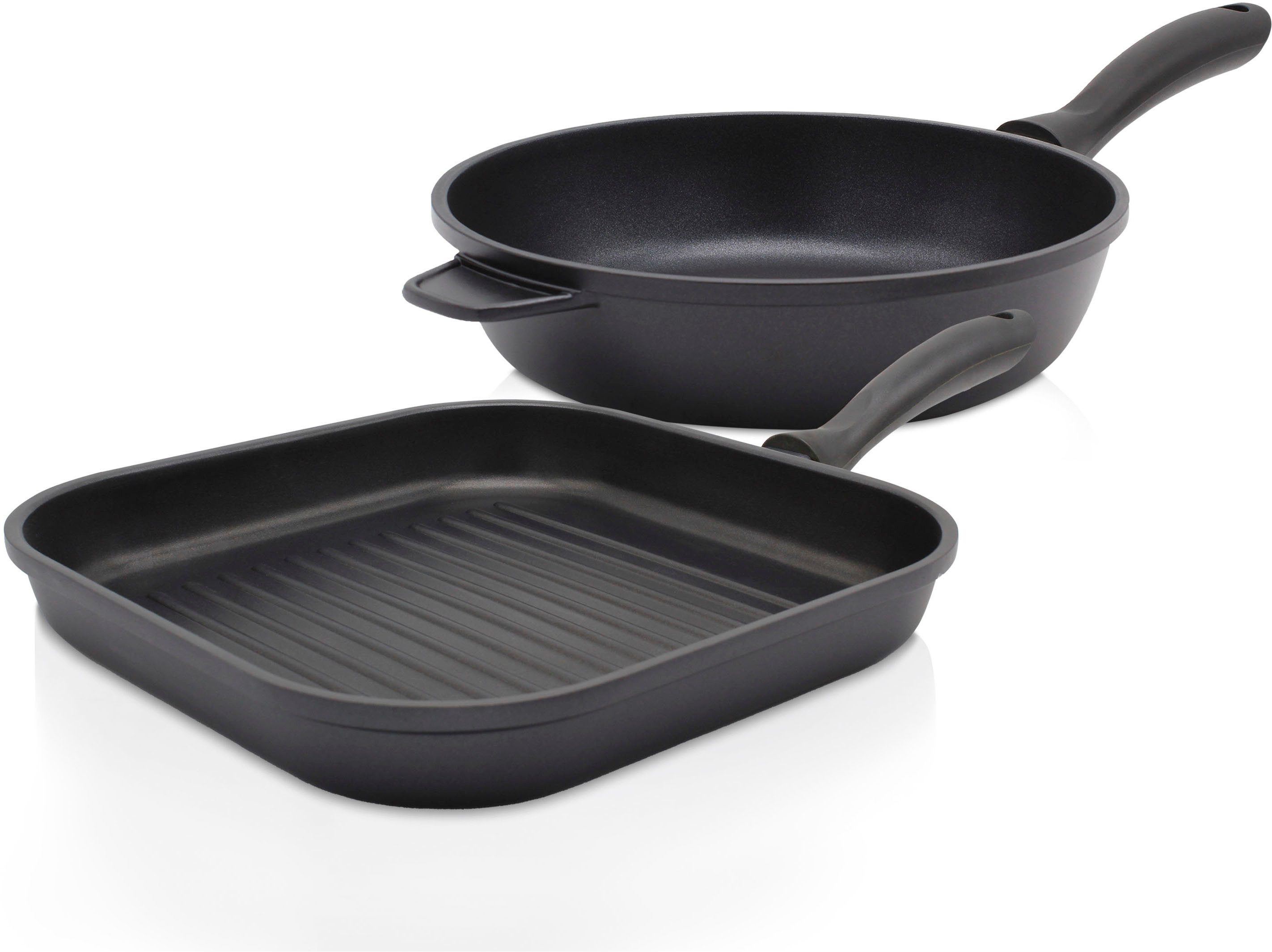 Krüger Pfannen-Set Aluguss Pfannenset LEIPZIG, 2 tlg., Aluminiumguss (Set, 2-tlg., 1x Eckpfanne 28x28 cm (H. 4,5 cm), 1x Bratpfanne Ø 24 cm (H. 6,5 cm), hochwertige Antihaft-Versiegelung