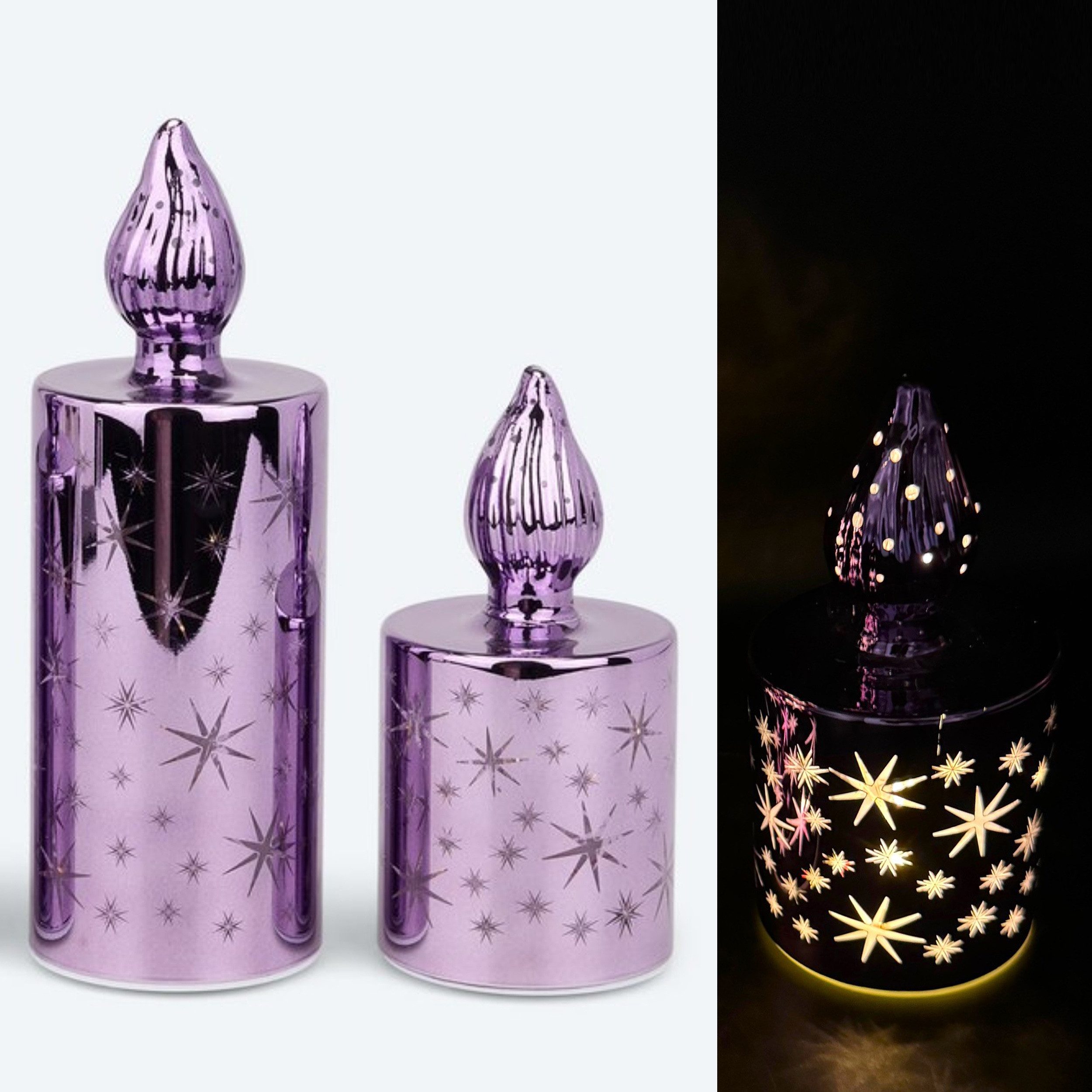 Online-Fuchs LED-Kerze 2 LED-Kerzen aus Glas mit Sternen, Lichterkette und günstig online kaufen