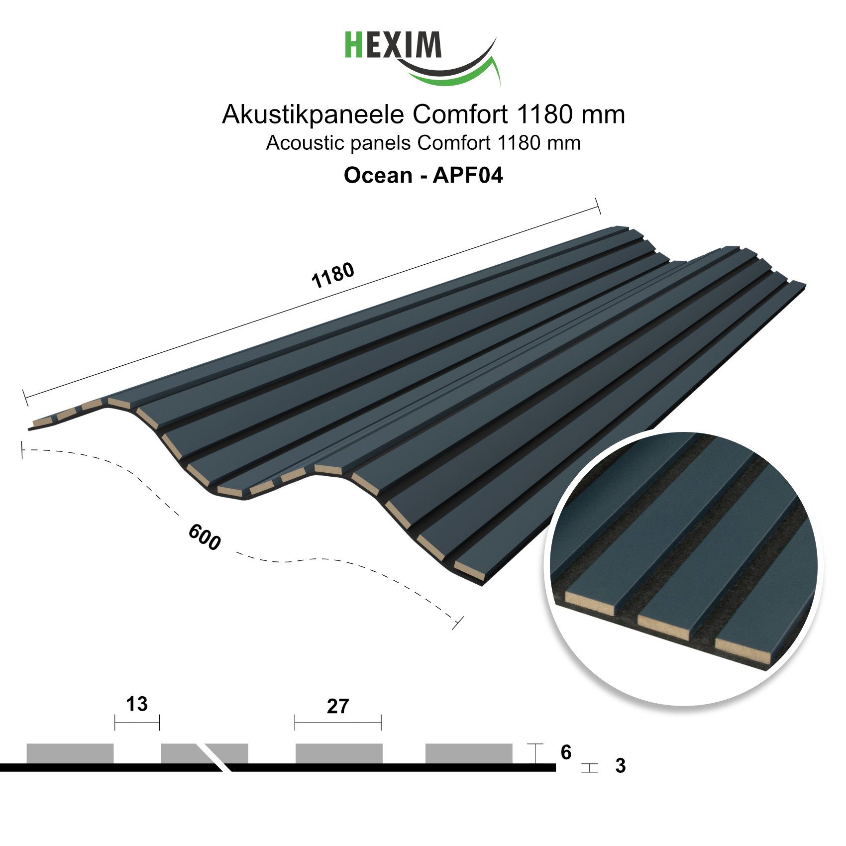 Hexim Wanddekoobjekt APF04 (Akustikpaneele 118x60cm Holz Comfort - flexible Holzpaneele Platten Lamellenwand MDF Wandpaneele Lamellenverkleidung Wandverkleidung schalldämmend 0.71m² Ocean)