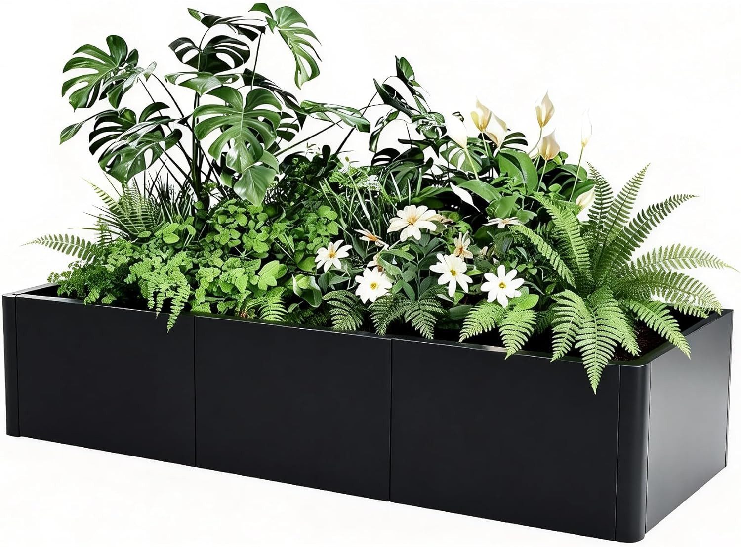 GarveeMore Hochbeet mit Abflusslöchern und abgerundeten Ecken für den Außenbereich, Modernes Rechteckiger Metall-Pflanzkasten für Terrasse und Balkon