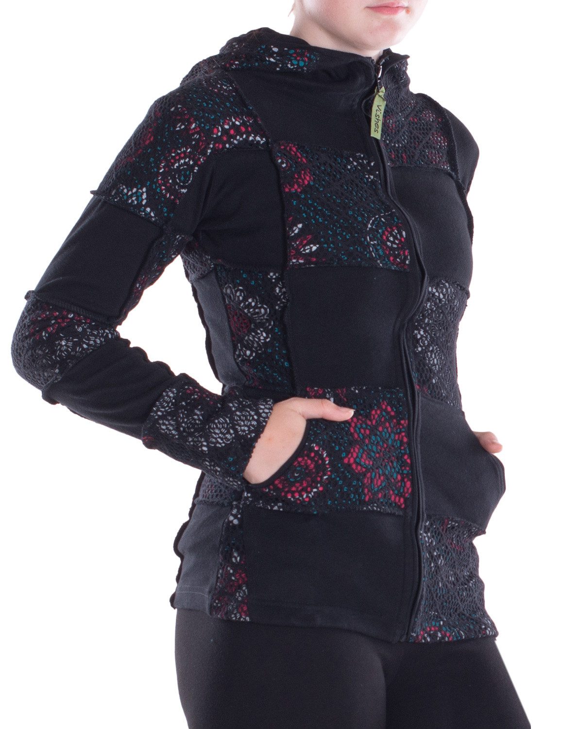 Vishes Kapuzensweatjacke Damen-Jacke Blumen-Sweatjacke Hippie-Jacke Spitzen Kapuzenjacke Gothik, Elfen, Boho Style, Alternative Bekleidung