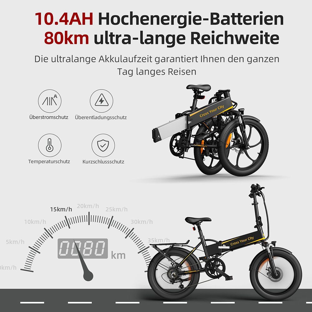 ADO E-Bike Pedelec Heckmotor Kettenschaltung, und W, Gepäckträger Gang shimano, E-Bike, 7 Weiß Schutzblechen Shimano, 250,00 Mit