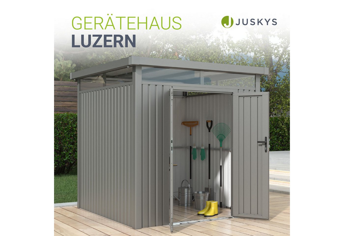 Thumbnail - Juskys Gartenhaus Luzern Pro 5,3 m², BxT: 230x230 cm, Stabiles Metall, wetterfest, langlebig, Fenster & abschließbare Tü...
