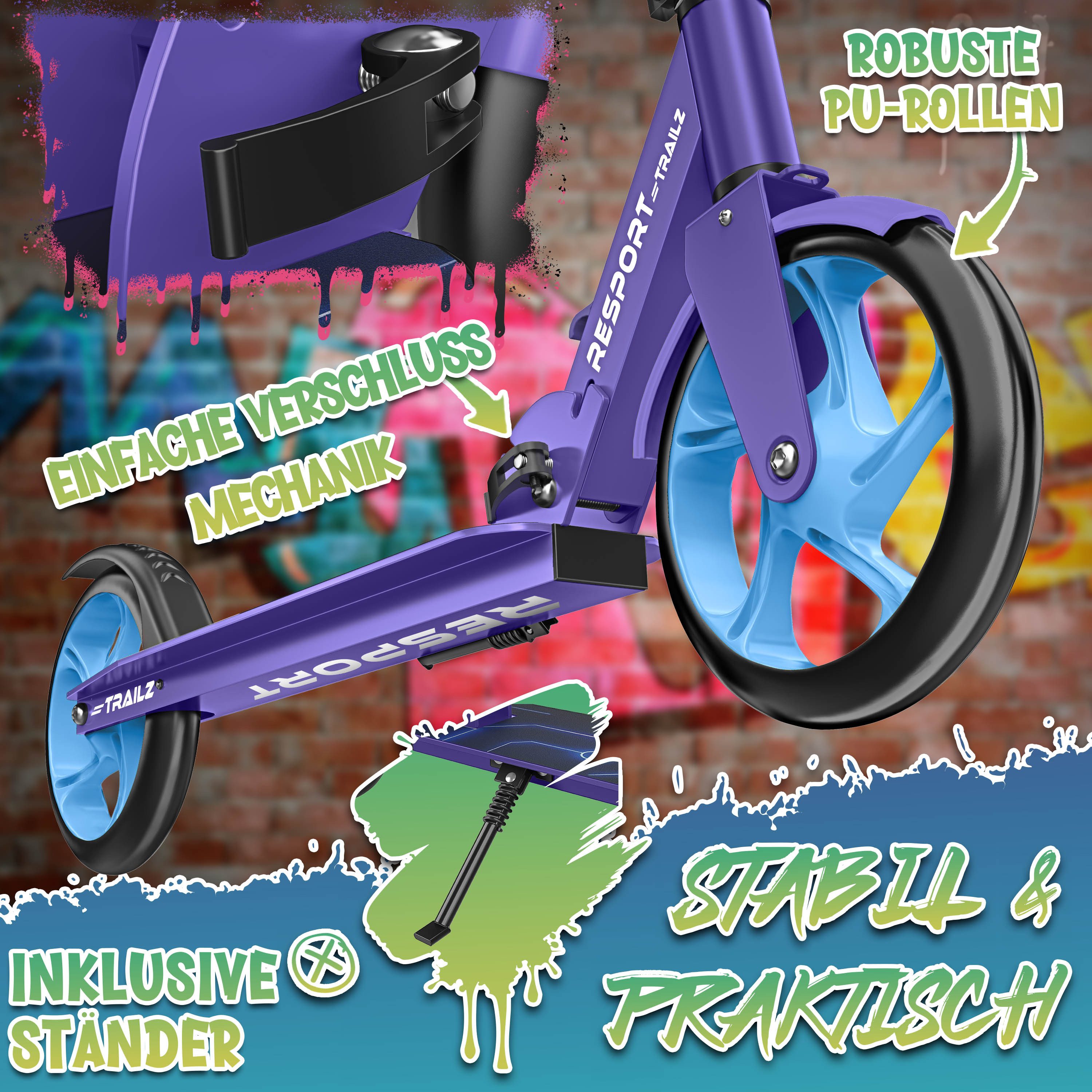 RE:SPORT Cityroller RE:SPORT® Trailz Cityroller Scooter inkl. Tragegurt und Klingel 200mm, (Scooter höhenverstellbar & klappbar, Kinderroller große Räder Kicksc – Bild 5 von 5