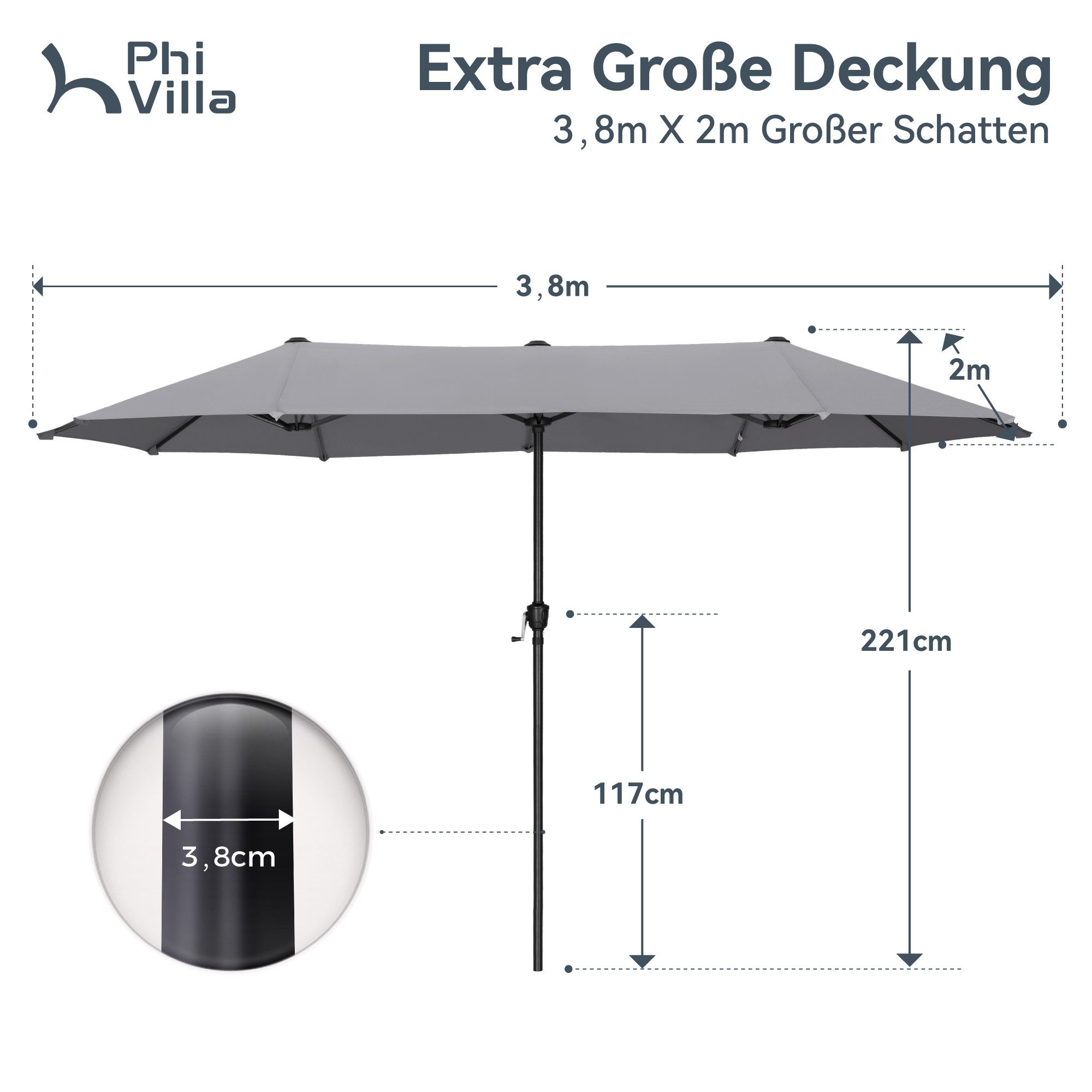 PHI VILLA Sonnenschirm, Balkon Rechteckig Groß Balkonschirm Garten Gartenschirm mit Kurbel UV Schutz Parasol Windfest, Mit der rostfreien Stahlstange und 12 Stahlrippen