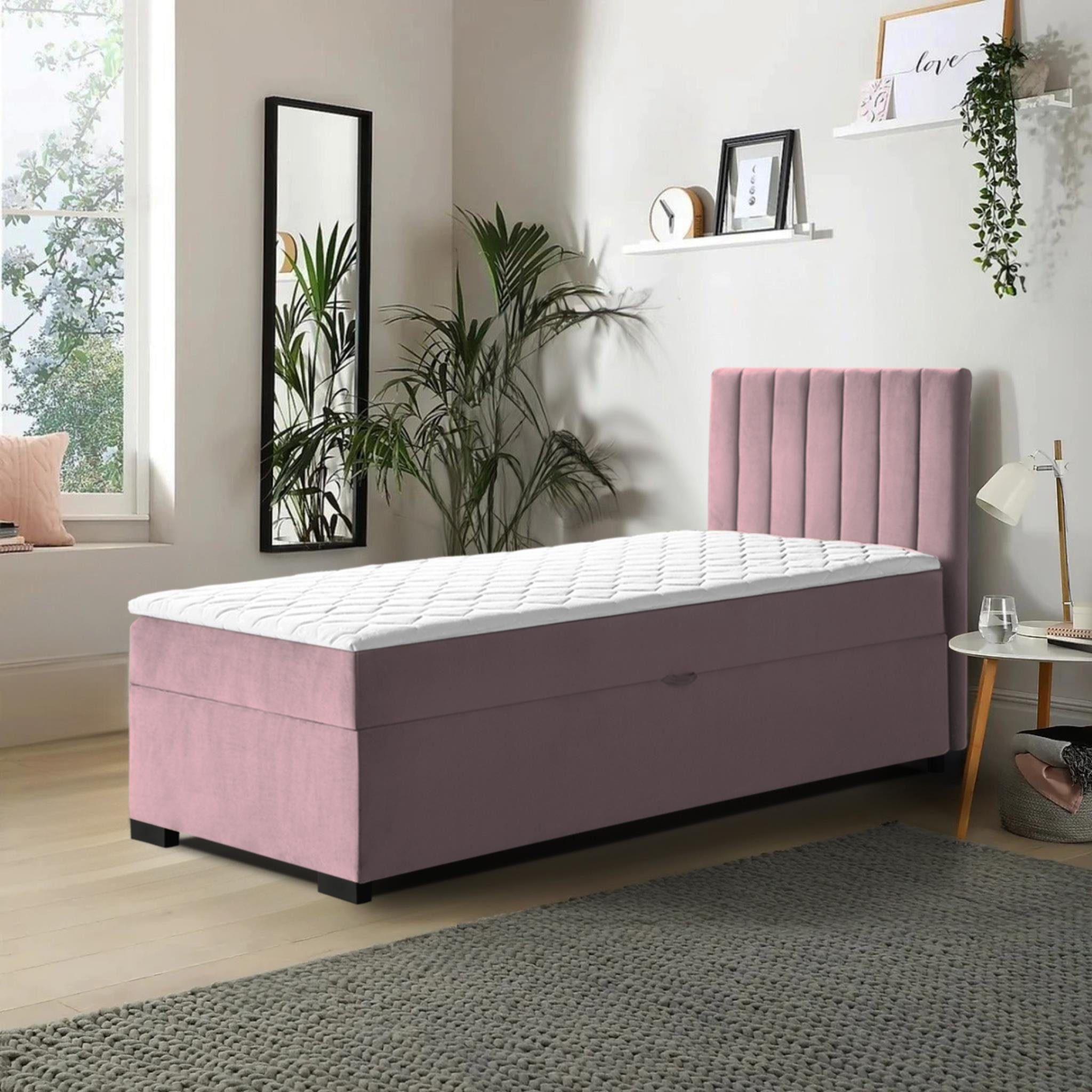 Beautysofa Boxspringbett Eric Boxspring inkl. cm Bettkasten), Stil, Federkernmatratze, Einzelbett Topper, 235) modernes Rosa Bett, 90 (kleines (mono im