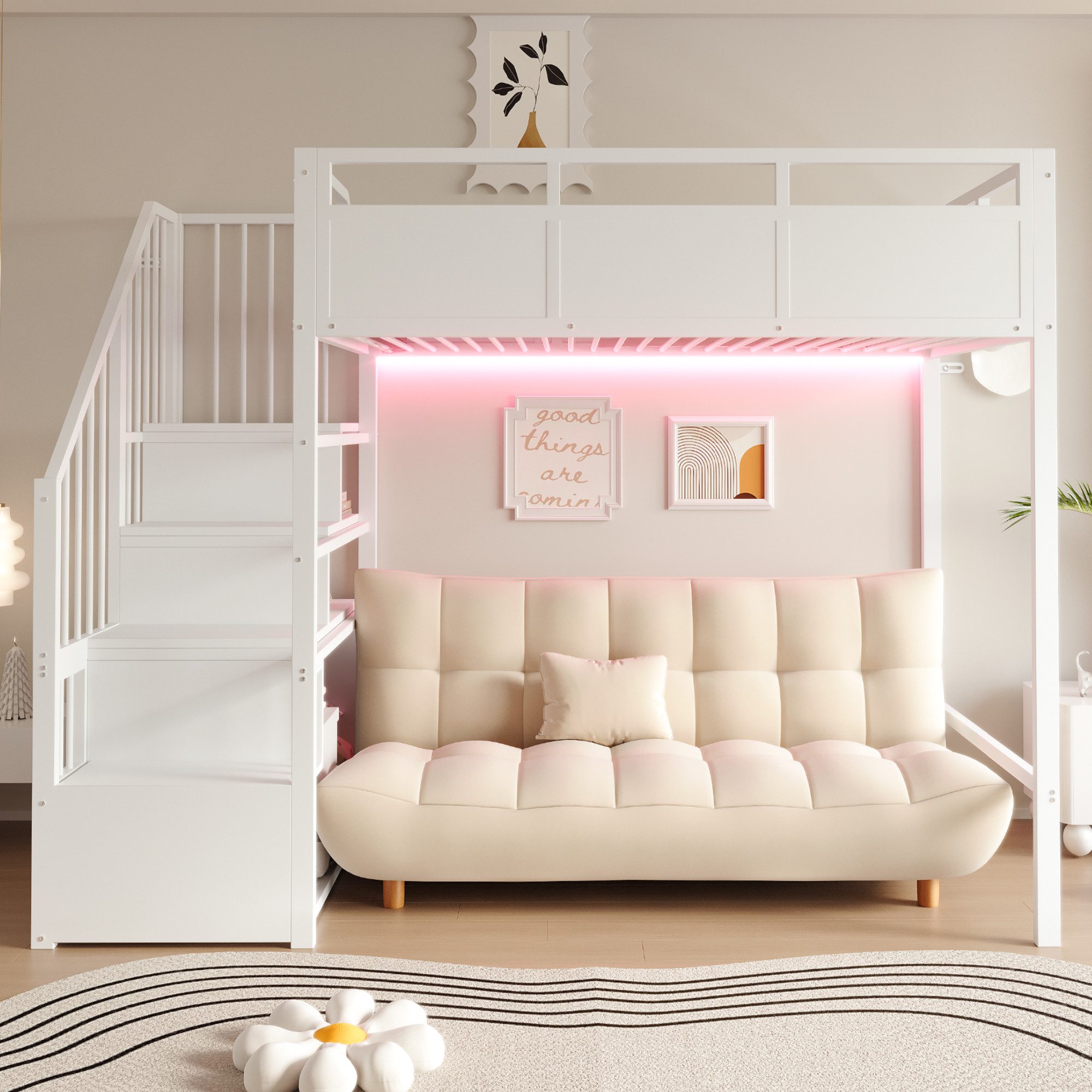 Flieks Hochbett Metallbett 90x200cm LED-Leiste & Stauraumtreppe(beidseitig montierbar)
