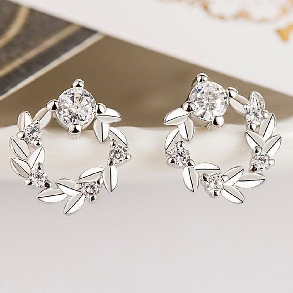 (1-tlg) Lubgitsr Glitzer kleinBlume Ring Blatt Frauen Ohrstecker Diamant Sterlingsilber Ohrring-Set