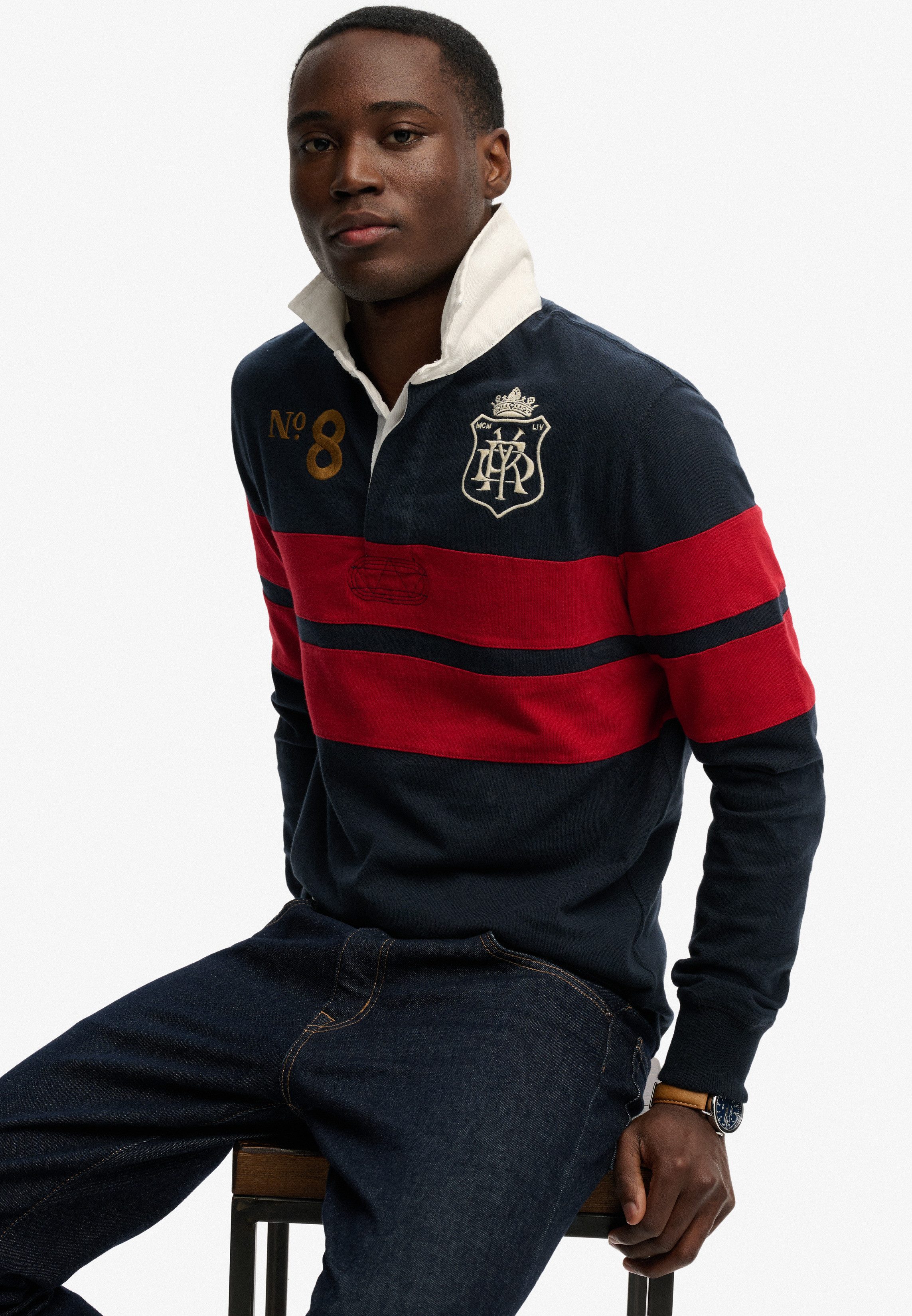 Superdry Langarmshirt DOUBLE EMBLEM STRIPE RUGBY aus Baumwolle und Single Jersey, Relaxed Fit, gestreifte Optik