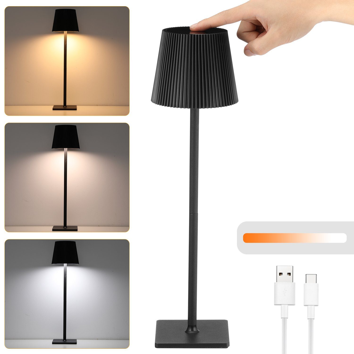 WILGOON Tischleuchte Tischlampe Kabellos,LED Touch-Dimmbare 3 Farben Akku tischleuchte, LED fest integriert, Kaltweiß, Naturweiß, Warmweiß, IP54 Wasserdichte, Abnehmbar Tischlampe mit USB-C, für Innen und Aussen