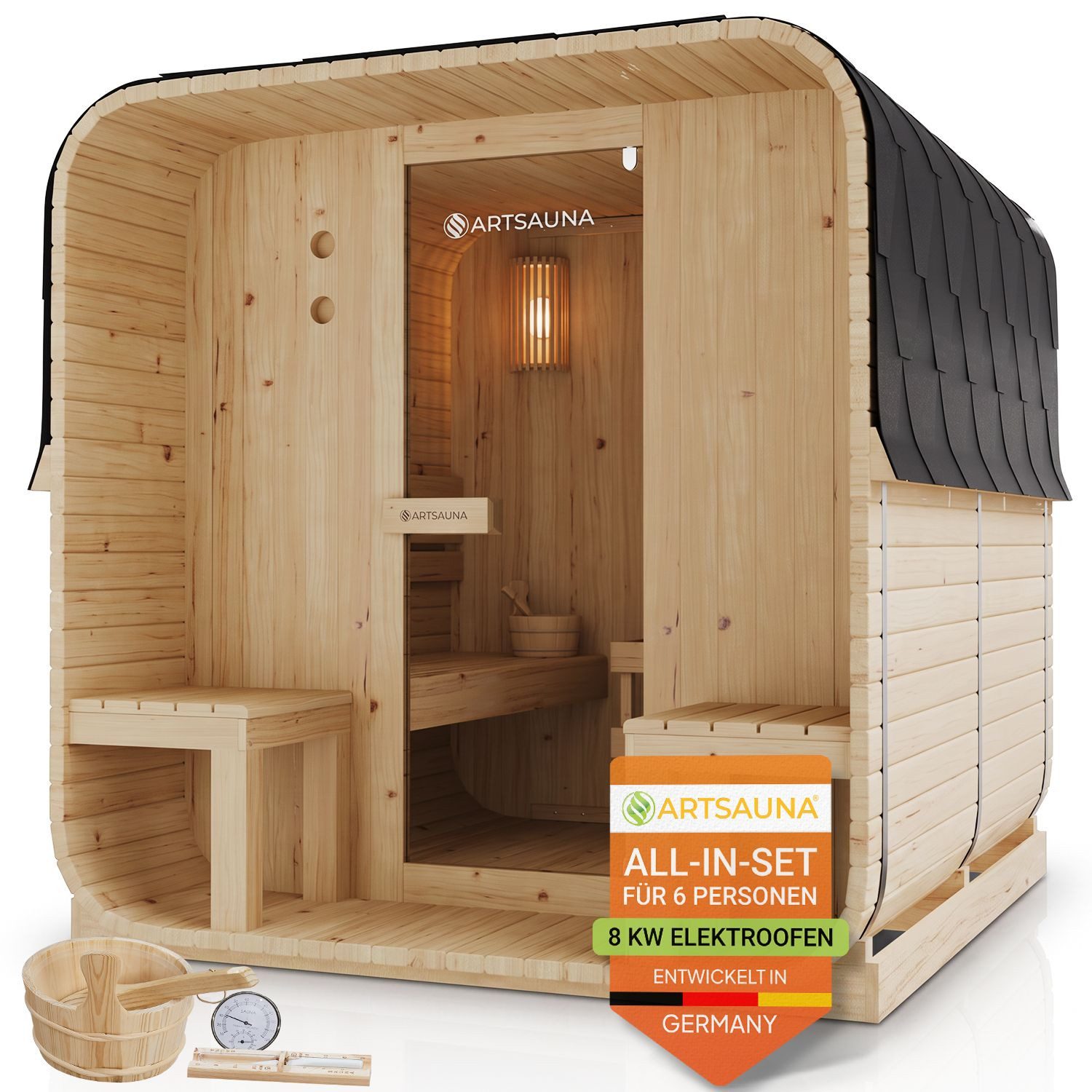 Artsauna Fasssauna Nolvik XXL für 6 Personen aus 38 mm Fichte mit 8 kW Saunaofen & LED, BxTxH: 186 x 220 x 194 cm, 38 mm, Gartensauna im Cube-Design, 220 x 185 x 194 cm, mit 2 Bänken & Zubehör