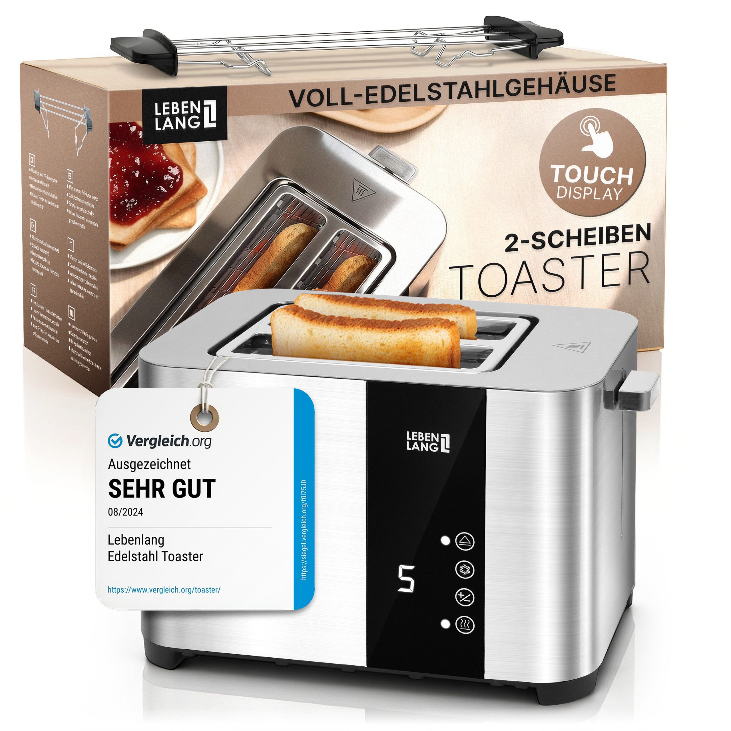 Lebenlang Toaster Premium 2-Scheiben Multifunktionstoaster aus Edelstahl
