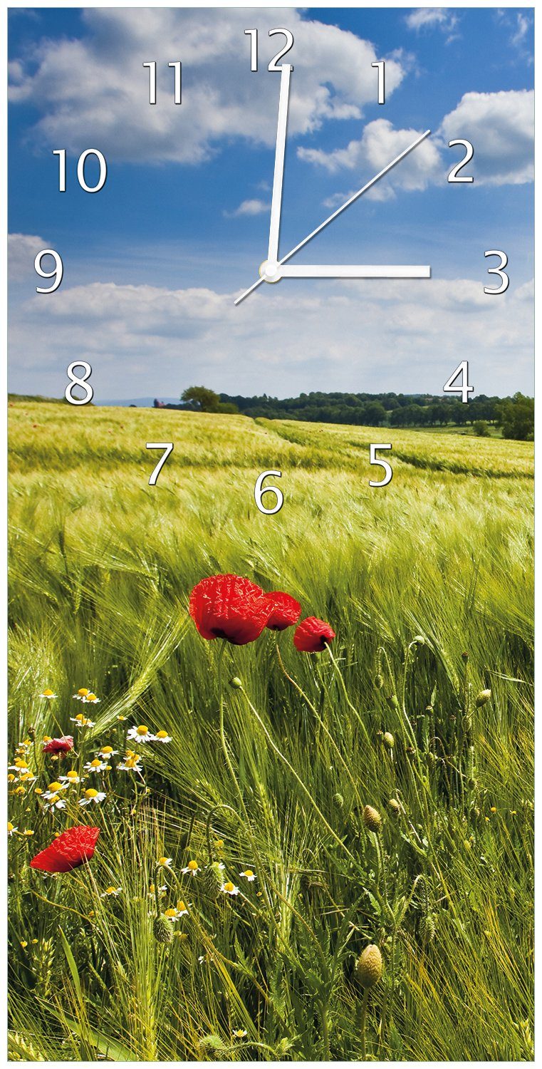 Wallario Wanduhr Mohnblumenwiese blauem Himmel aus (Uhr auf Acryl) Wiese unter grüner