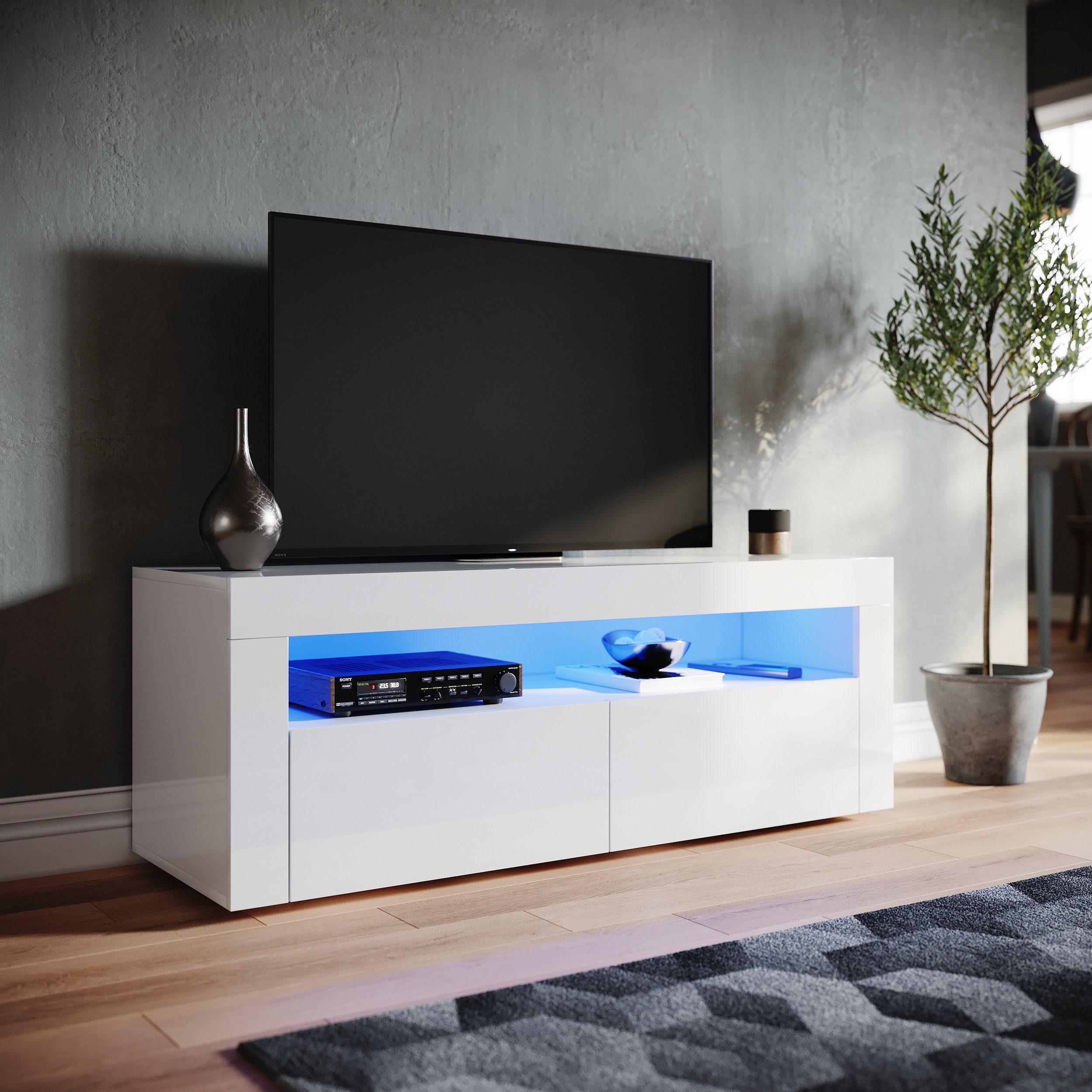 SONNI Lowboard TV Lowboard weiss Hochglanz mit LED Beleuchtung, Breite 120  cm, 12 Farben können eingestellt Werden, mit Klapptür, Griffloses Design