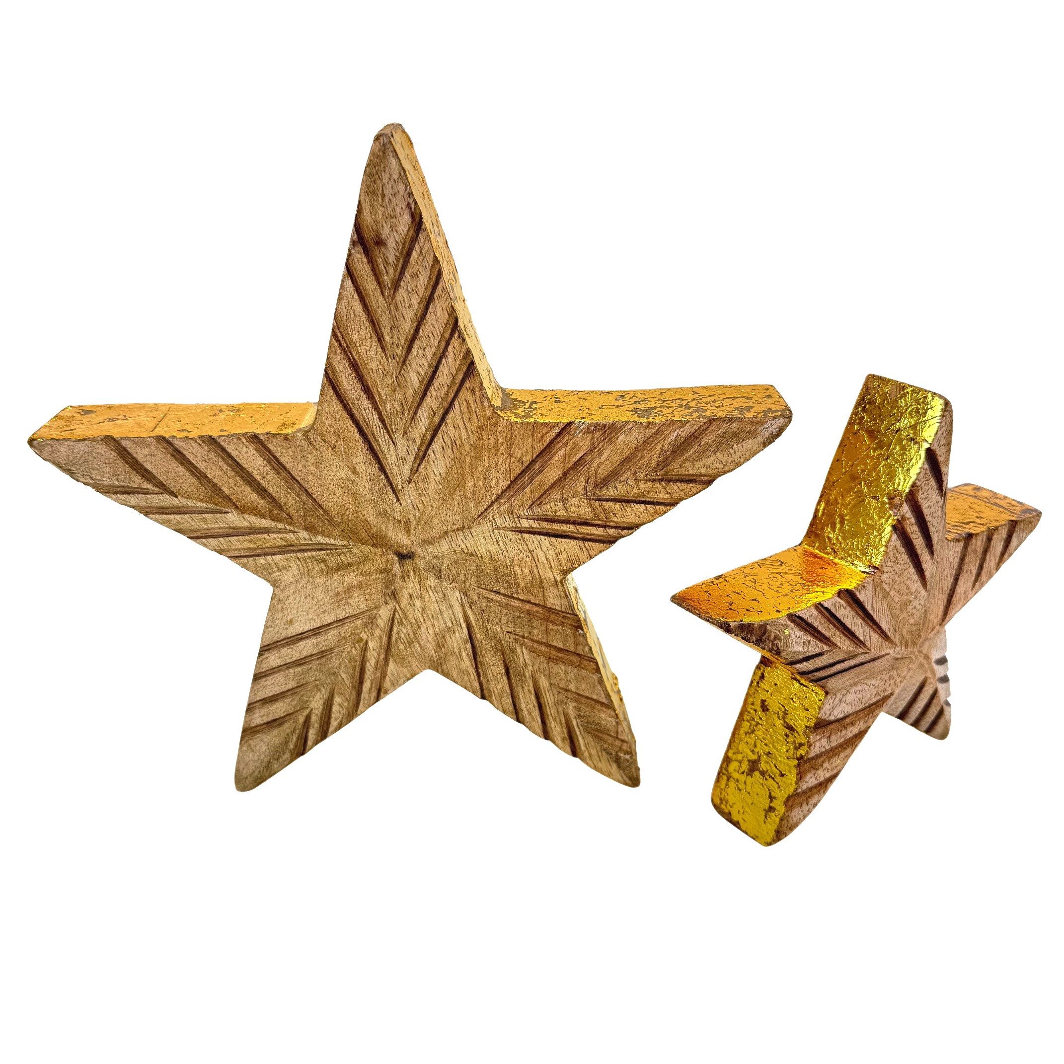 Online-Fuchs Dekostern aus natürlichem Mangoholz - moderne Weihnachtsdekoration, Winter, mit filigranen Schnitzereien und Goldschimmer
