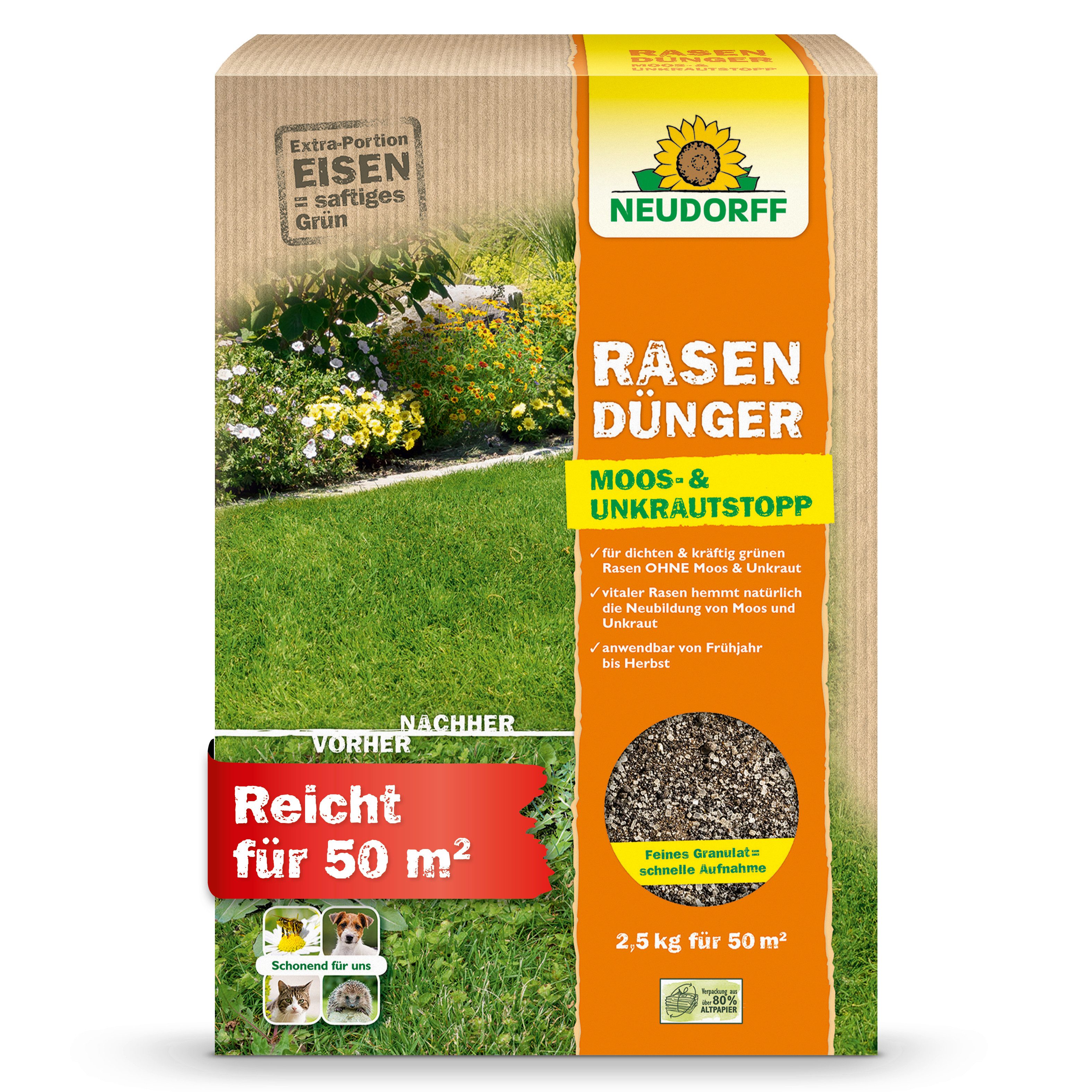 Neudorff Rasendünger RasenDünger Moos- & UnkrautStopp 2,5 kg, Feines Granulat für gleichmäßige Ausbringung, Organisch-mineralischer NPK-Dünger mit 2,3 % Eisen, Extra Eisen für kräftiges Grün & dichten Rasen