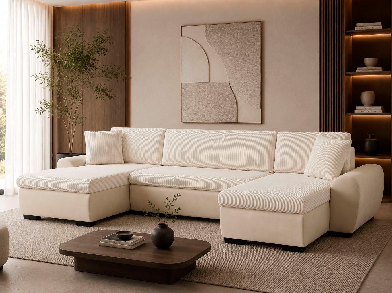 OTTO home Wohnlandschaft KIVELLA mit Schlaffunktion, Cord-Struktur, U-Form, 307 cm, Schlafsofa - Liegefläche (128/257), Bettkasten, Cord-Struktur-Mix