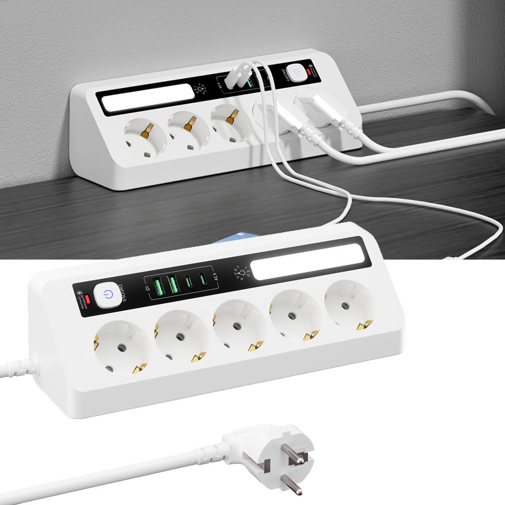 VIVIHEYDAY Mehrfachsteckdose mit Hauptschalter, 5-fach (Ein- / Ausschalter Steckdosenleiste (Schalterbeleuchtung, USB-Anschlüsse, Kabellänge 1.8 m), Haushaltsladesteckdose
