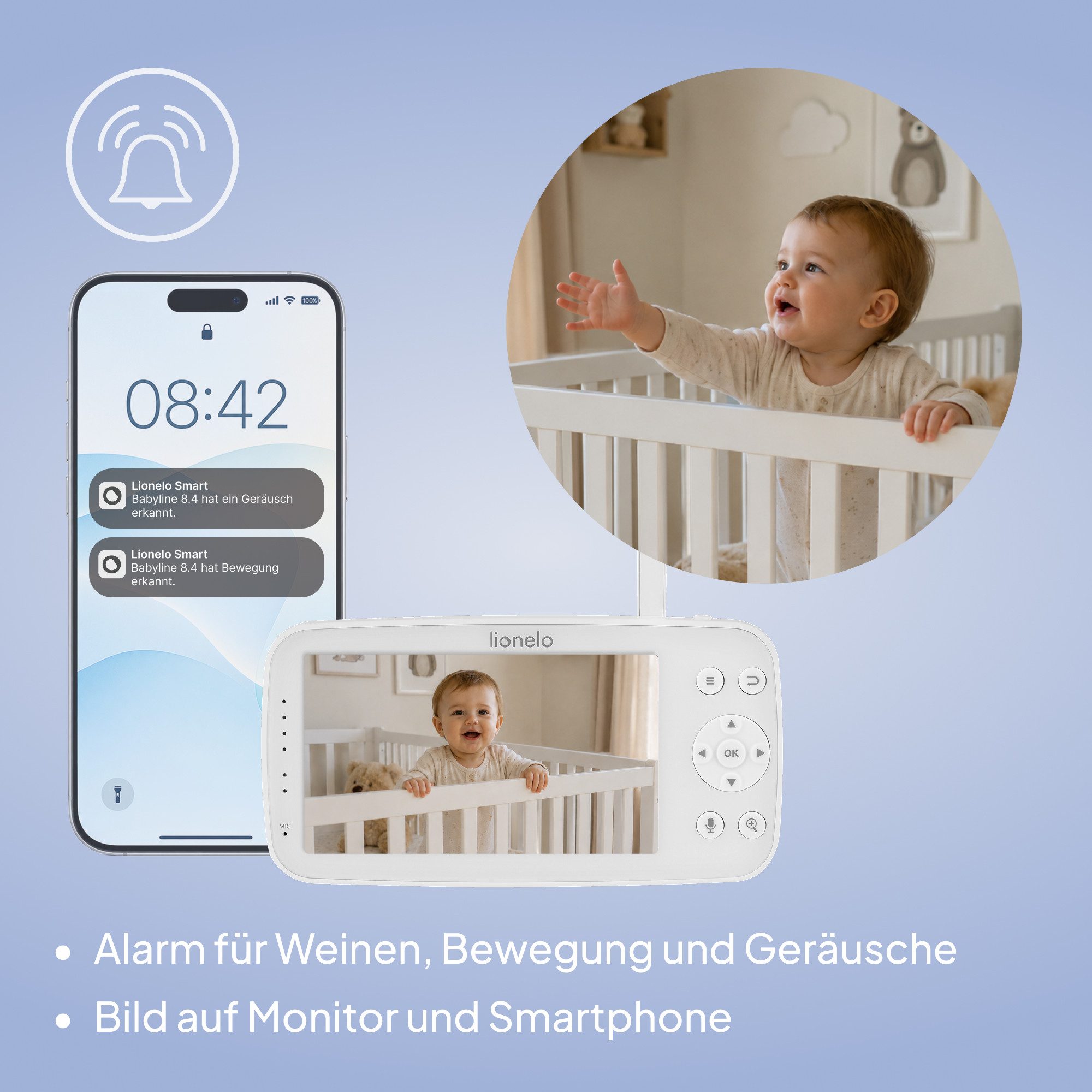 lionelo Video-Babyphone BABYLINE 8.4, Set, 5” Monitor, Full HD-Kamera, Netzteil, USB-C-Kabel, Smart Care/Dual-Band/5” HD-Monitor/Night Vision