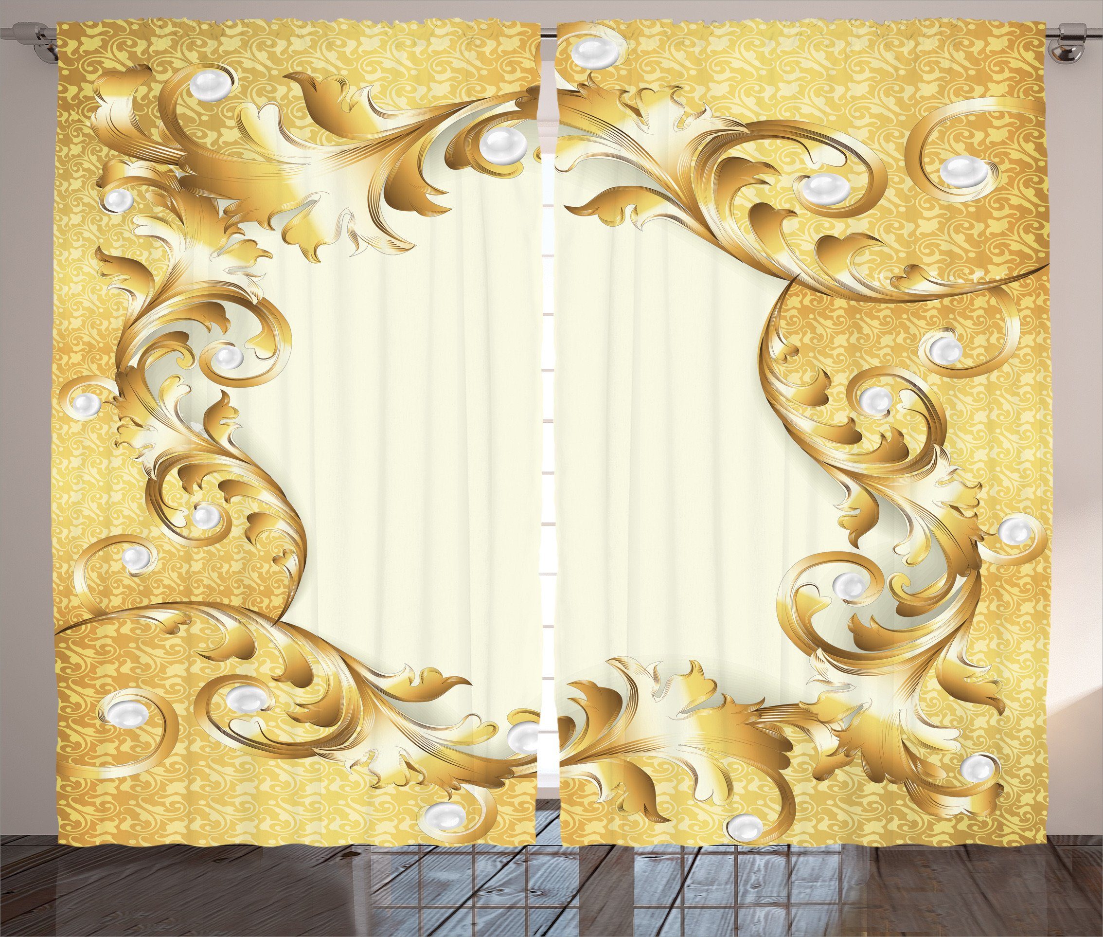 Haken, mit Schlafzimmer Gardine Jahrgang Kräuselband Goldene Schlaufen Blumenverzierung und Abakuhaus, Vorhang