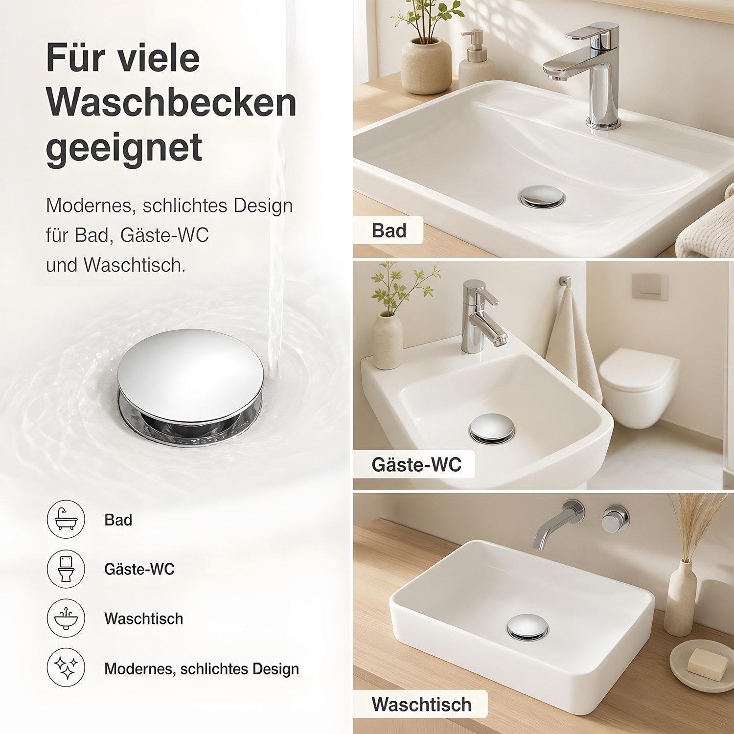 SURFOU Waschbeckenstöpsel Waschbecken Pop-up Ablaufventil für Waschbecken und Waschtisch, (aus Edelstahl Waschbeckenstöpsel Abflussstopfen), Abflussgarnitur Ohne Überlauf, Pop Up Ventil Abfluss Waschbecken