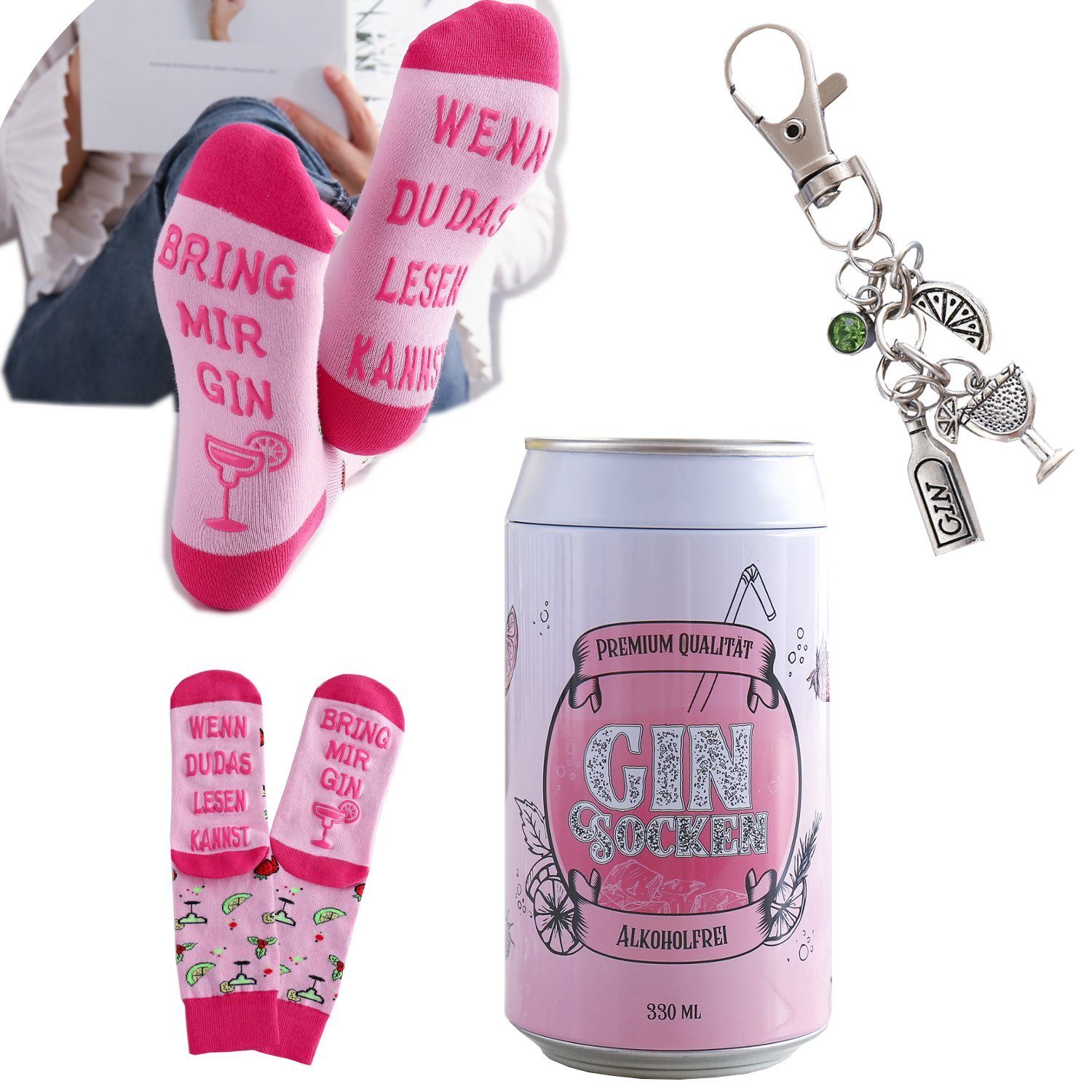 Lucadeau Freizeitsocken Geschenkset für Frauen Freundin, Gin-Socken mit Spruch, Bring mir Gin anti-rutsch, Geschenk, Gin Geschenk, premium Socken