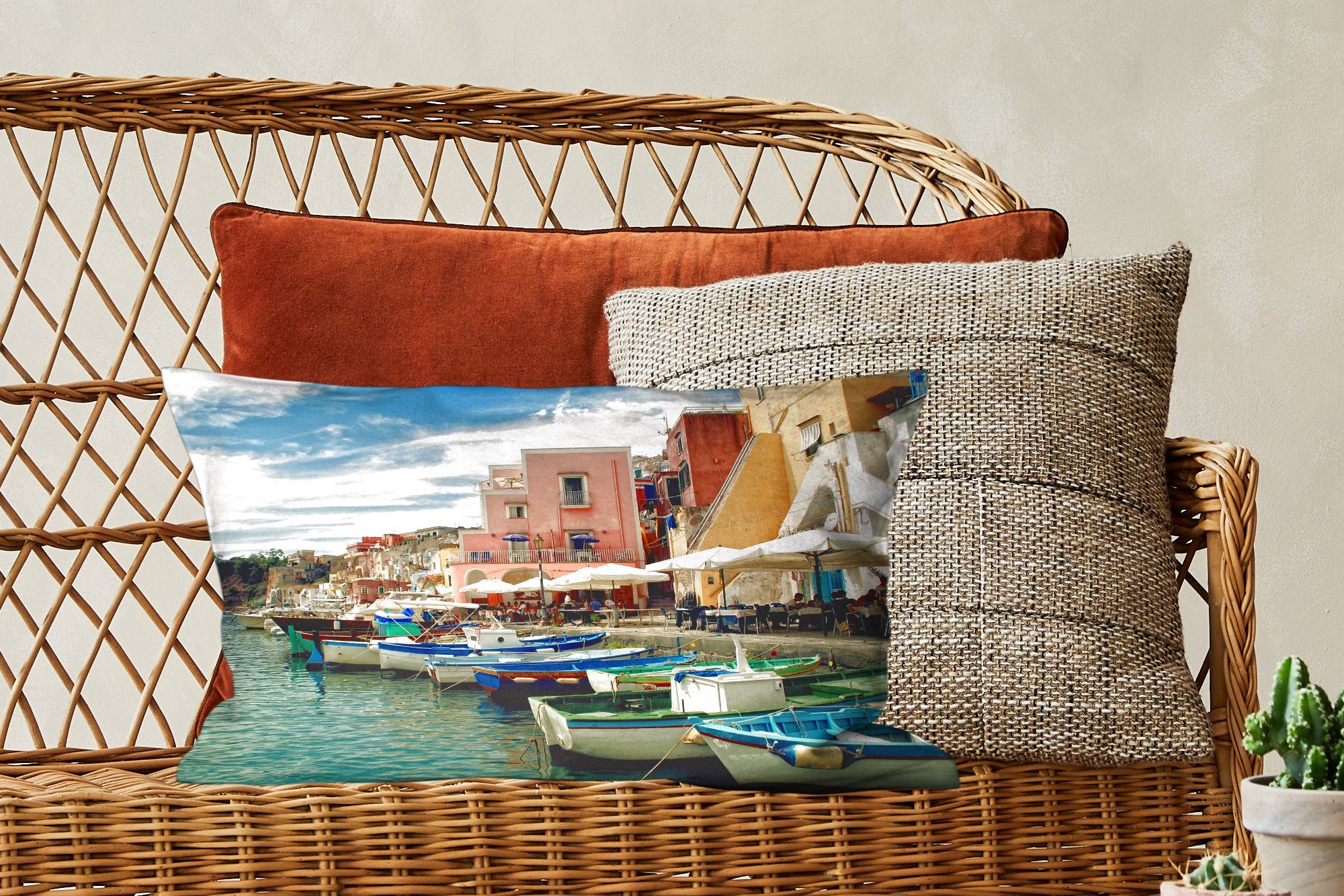 Dekokissen Füllung, Dekoration, - Dekokissen Schlafzimmer - Wohzimmer mit Boot Italien, MuchoWow Hafen Zierkissen,