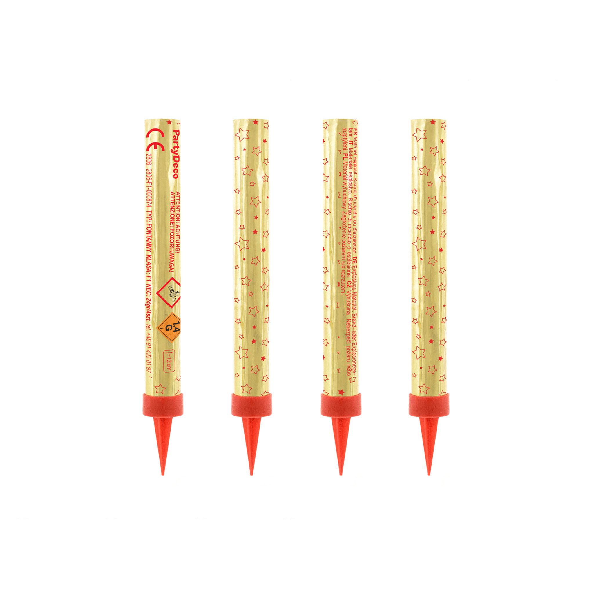 partydeco Geburtstagskerze, Eisfontänen für Torten 12cm Brenndauer ca. 60 Sek. 4 Stück Gold / Rot