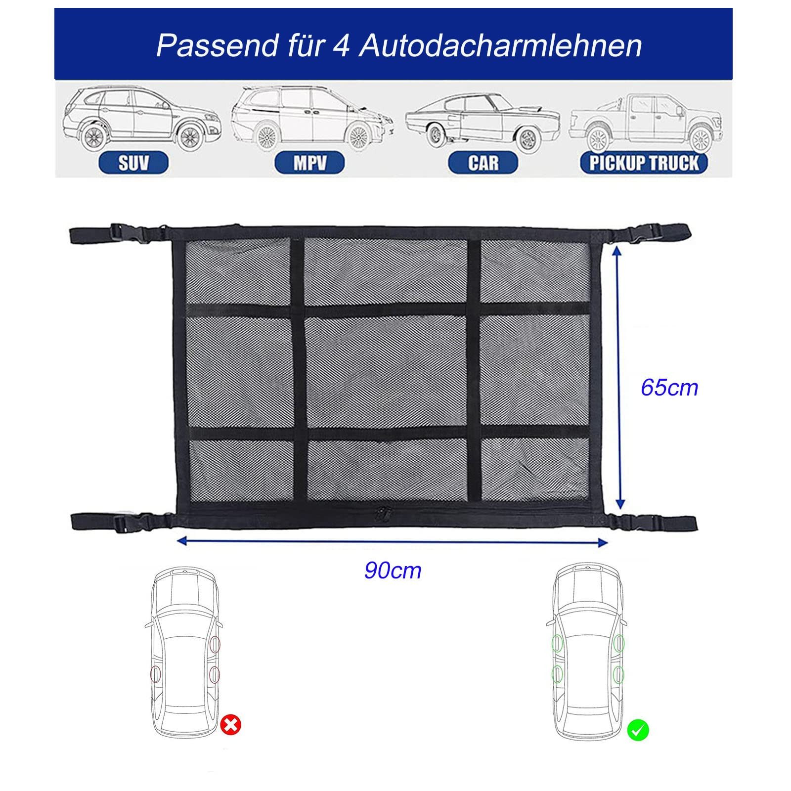 FOUORTUNATE-BEE Aufbewahrungsbox Doppeltes Auto Dachnetz 90x65 cm Kofferraumnetz Aufbewahrung, Autodach Netz für Camping Reisen Decken Kissen und Kleidung – Bild 5 von 5