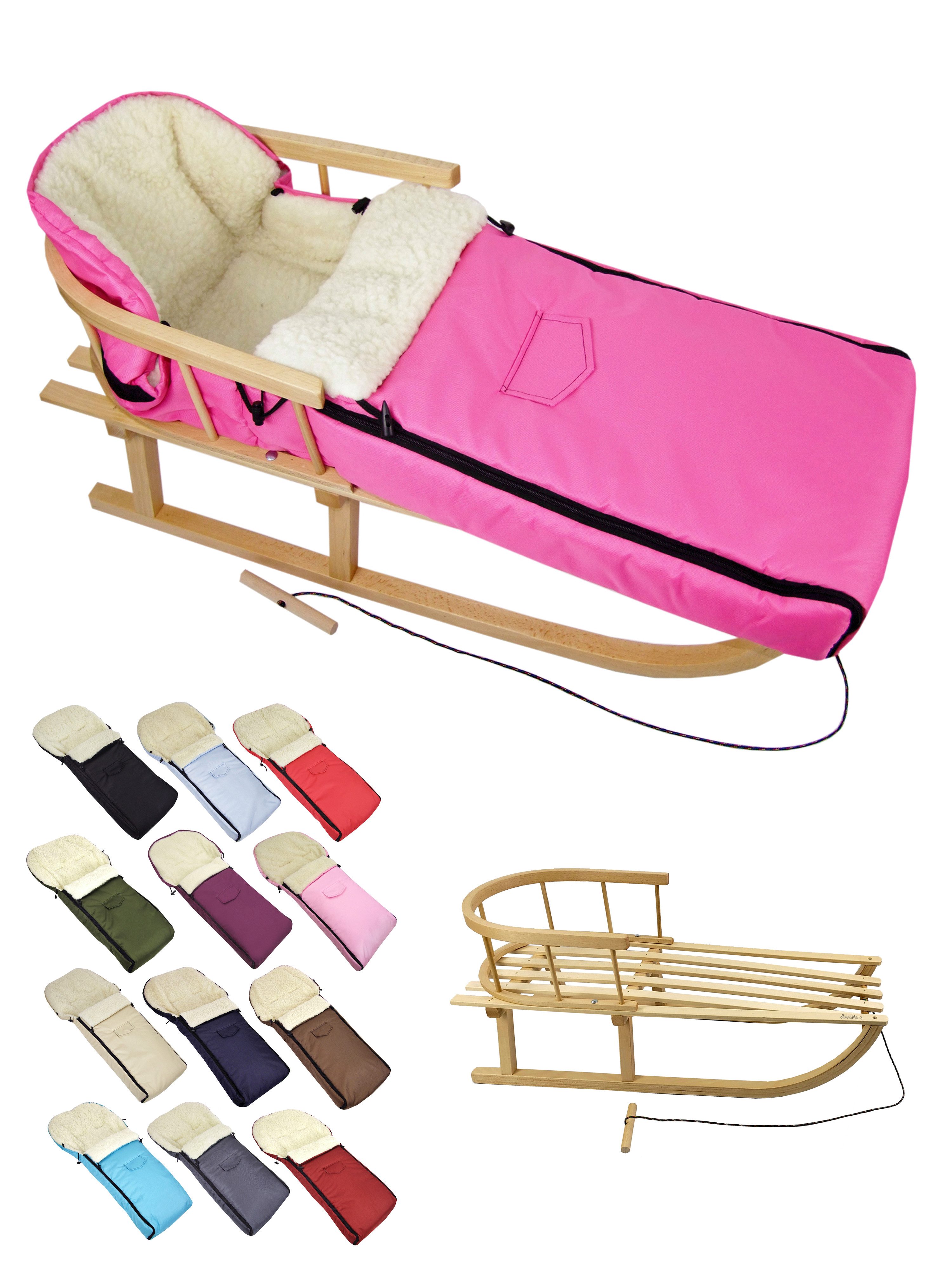BambiniWelt by Rafael K. Санки CE-HOLZSCHLITTEN mit Rückenlehne Zugleine + WINTERFUßSACK Wolle 108cm (universaler Winterfußsack (108cm) + Деревянные санки (90cm), Kombi-Angebot
