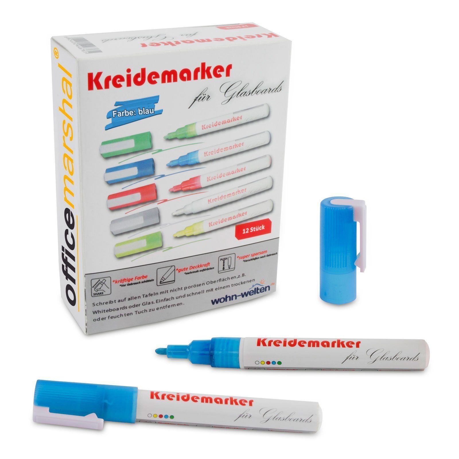 (Whiteboard-Eignung) Non-permanent Marker Whiteboard Marshal (12-tlg), Blau Kreidemarker, Farben, verschiedene Office Whiteboard,