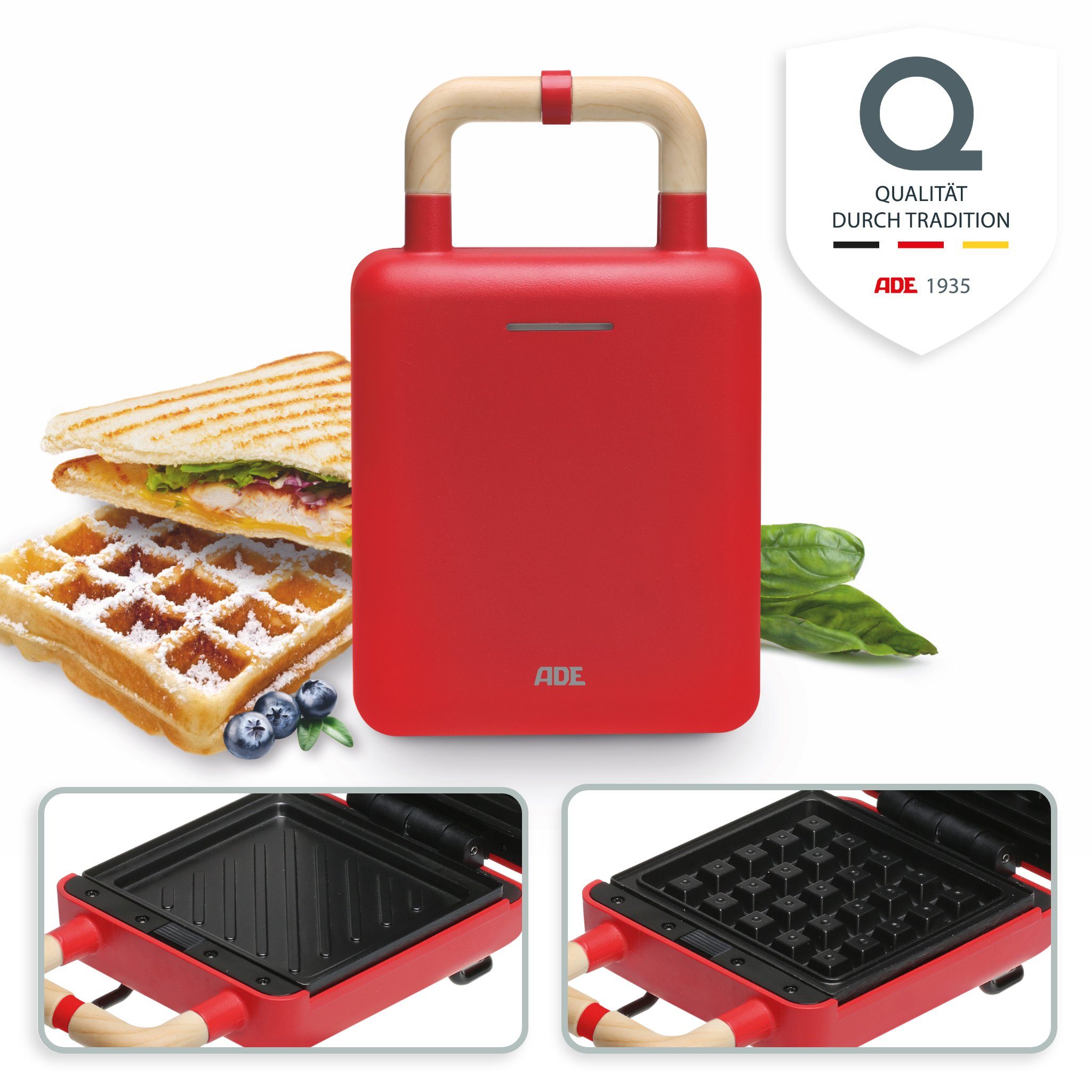 ADE 2-in-1-Kombi-Waffeleisen KG2138, 600 W, Wechselplatten für Belgische Waffeln, XL-Sandwiches, gebratene Eier