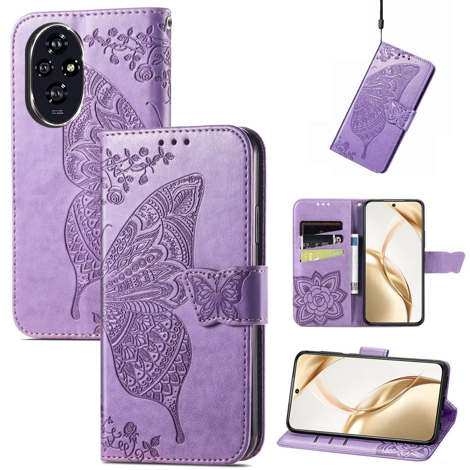 Wigento Smartphone-Hülle Für Honor 200 Kunstleder Wallet Tasche Design Schmetterling Hell-Lila, Kunst-Leder Schutzhülle Smart Case Cover magnetischer Verschluss